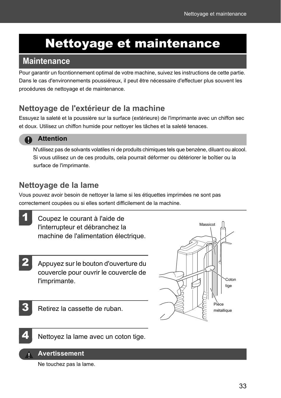 Nettoyage et maintenance, Maintenance, Nettoyage de l'extérieur de la machine | Nettoyage de la lame | Brother P-touch RL-700S User Manual | Page 78 / 181