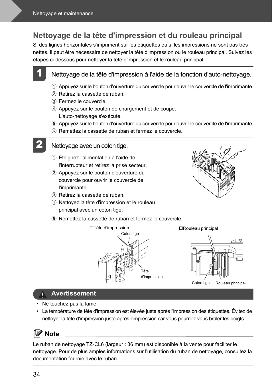 Nettoyage avec un coton tige, Avertissement | Brother P-touch RL-700S User Manual | Page 79 / 181