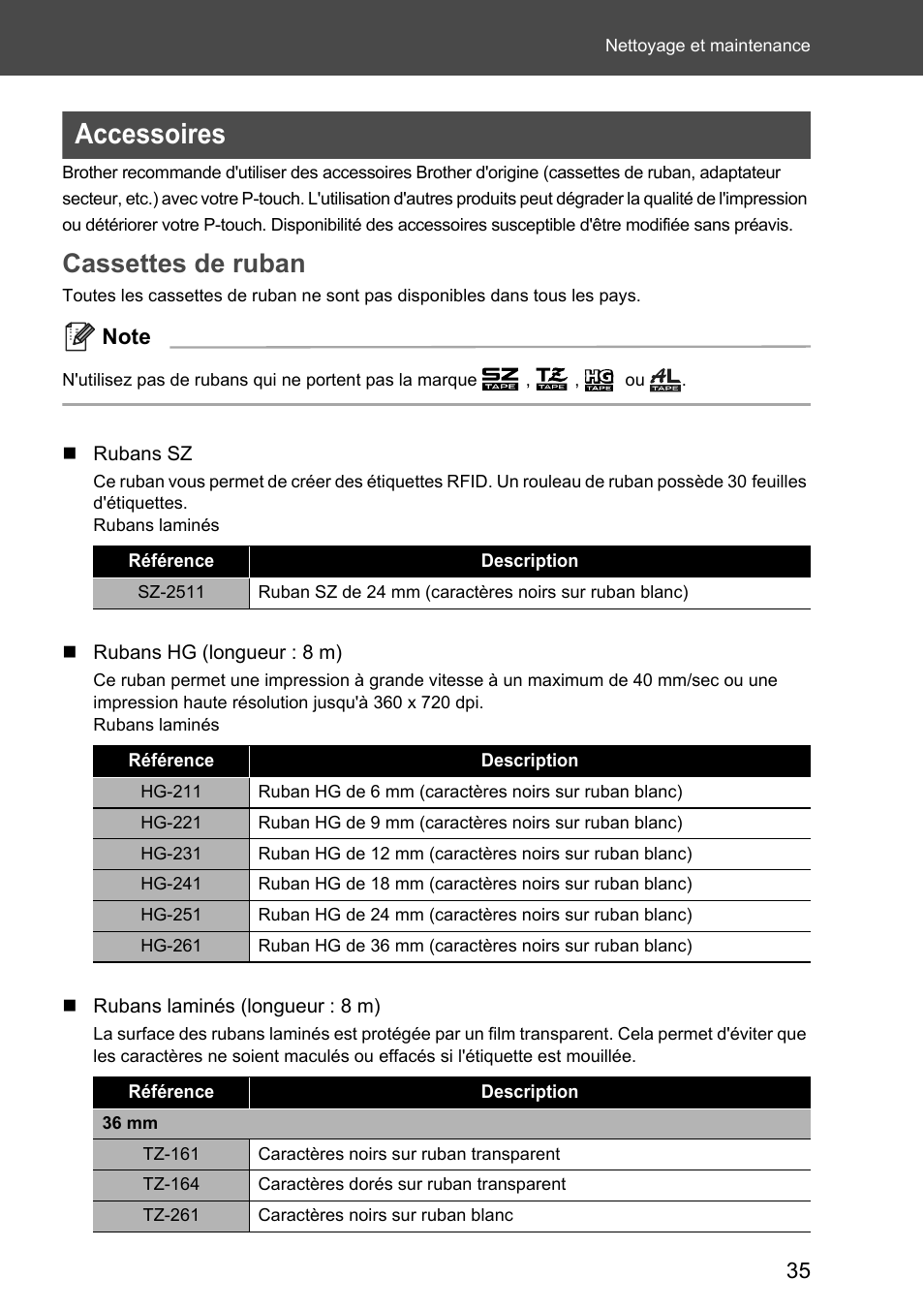 Accessoires, Cassettes de ruban | Brother P-touch RL-700S User Manual | Page 80 / 181