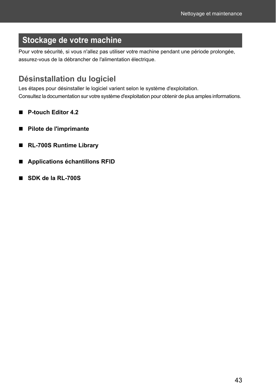Stockage de votre machine, Désinstallation du logiciel | Brother P-touch RL-700S User Manual | Page 88 / 181