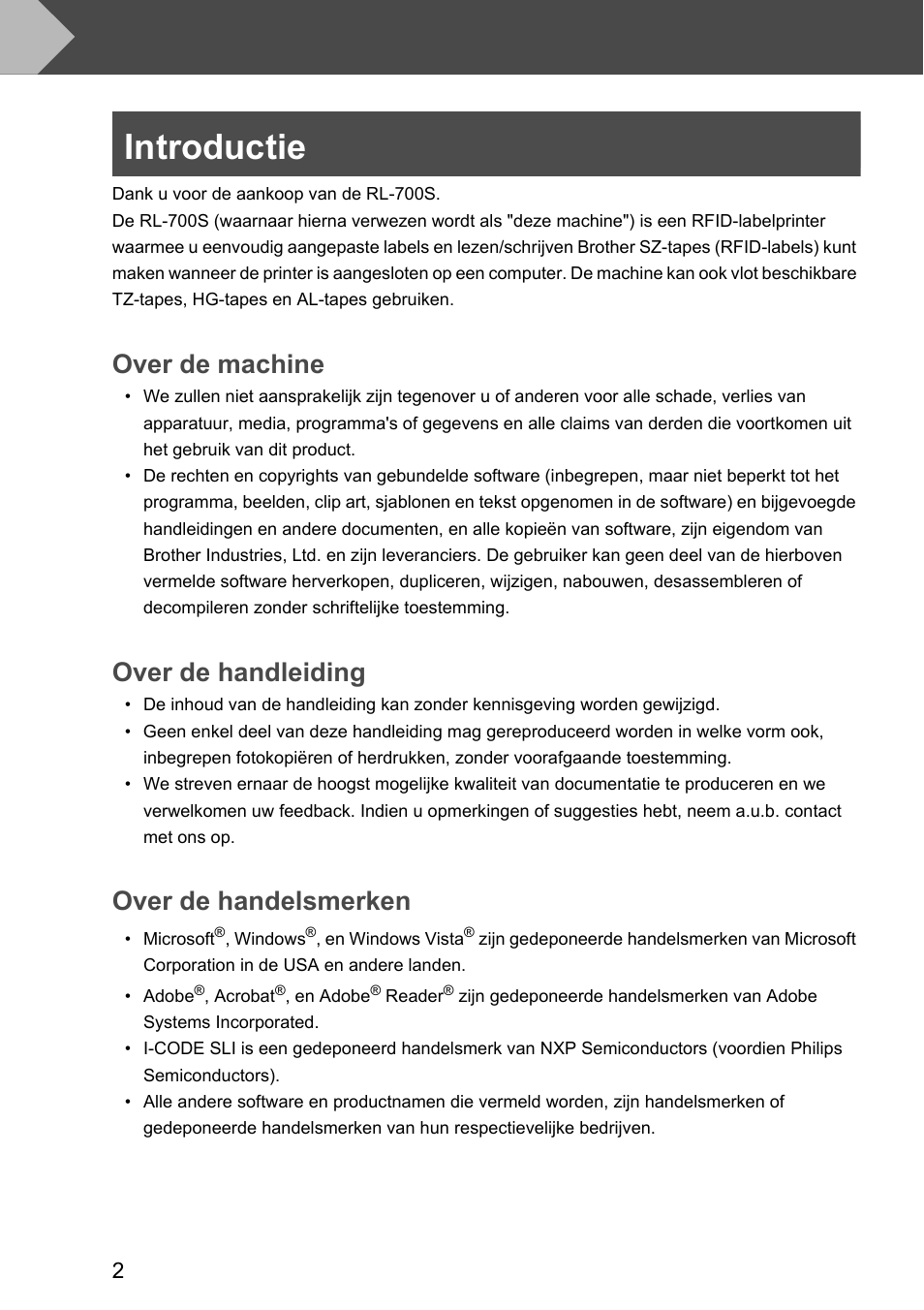 Introductie, Over de machine, Over de handleiding | Over de handelsmerken | Brother P-touch RL-700S User Manual | Page 92 / 181