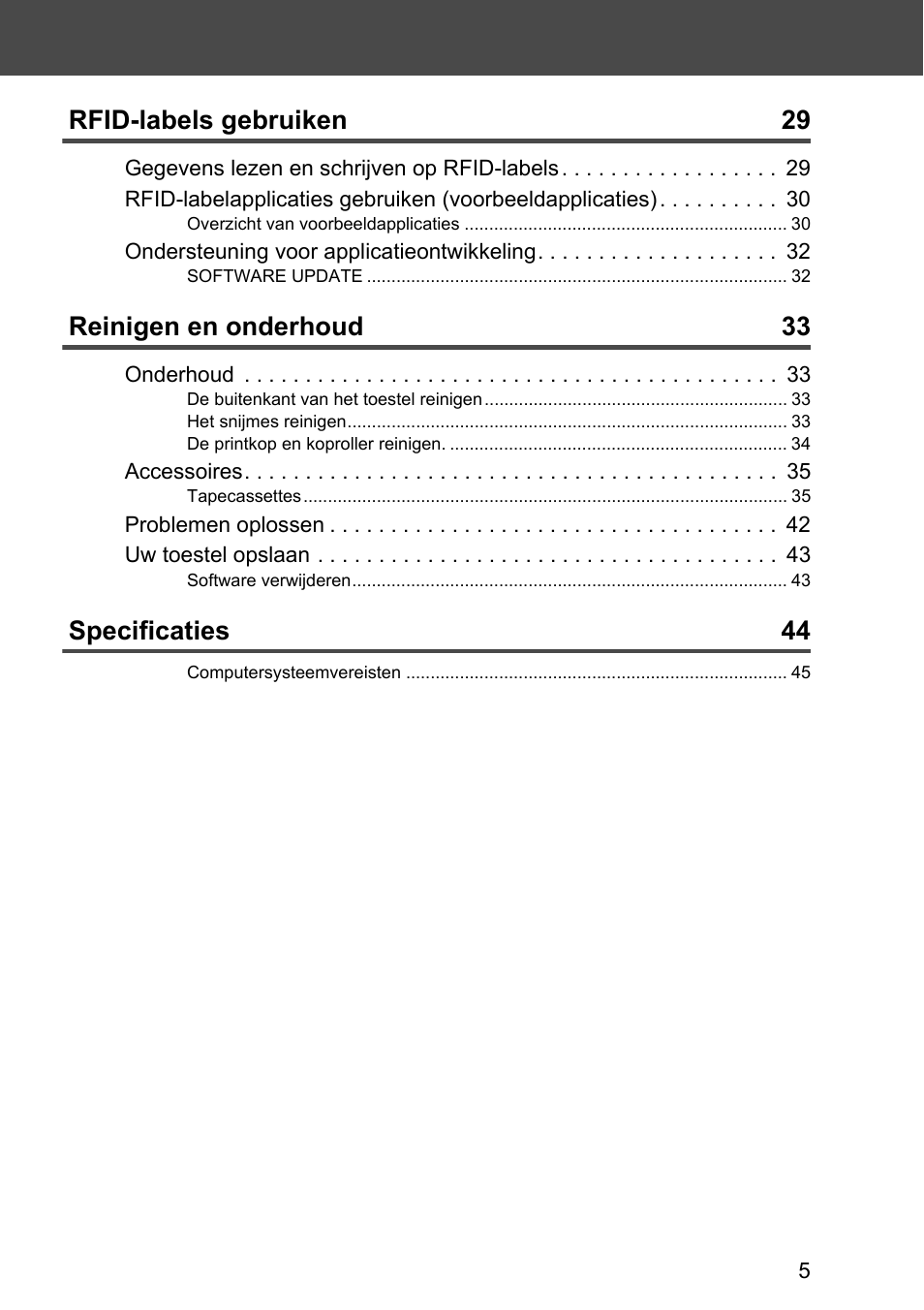 Rfid-labels gebruiken 29, Reinigen en onderhoud 33, Specificaties 44 | Brother P-touch RL-700S User Manual | Page 95 / 181