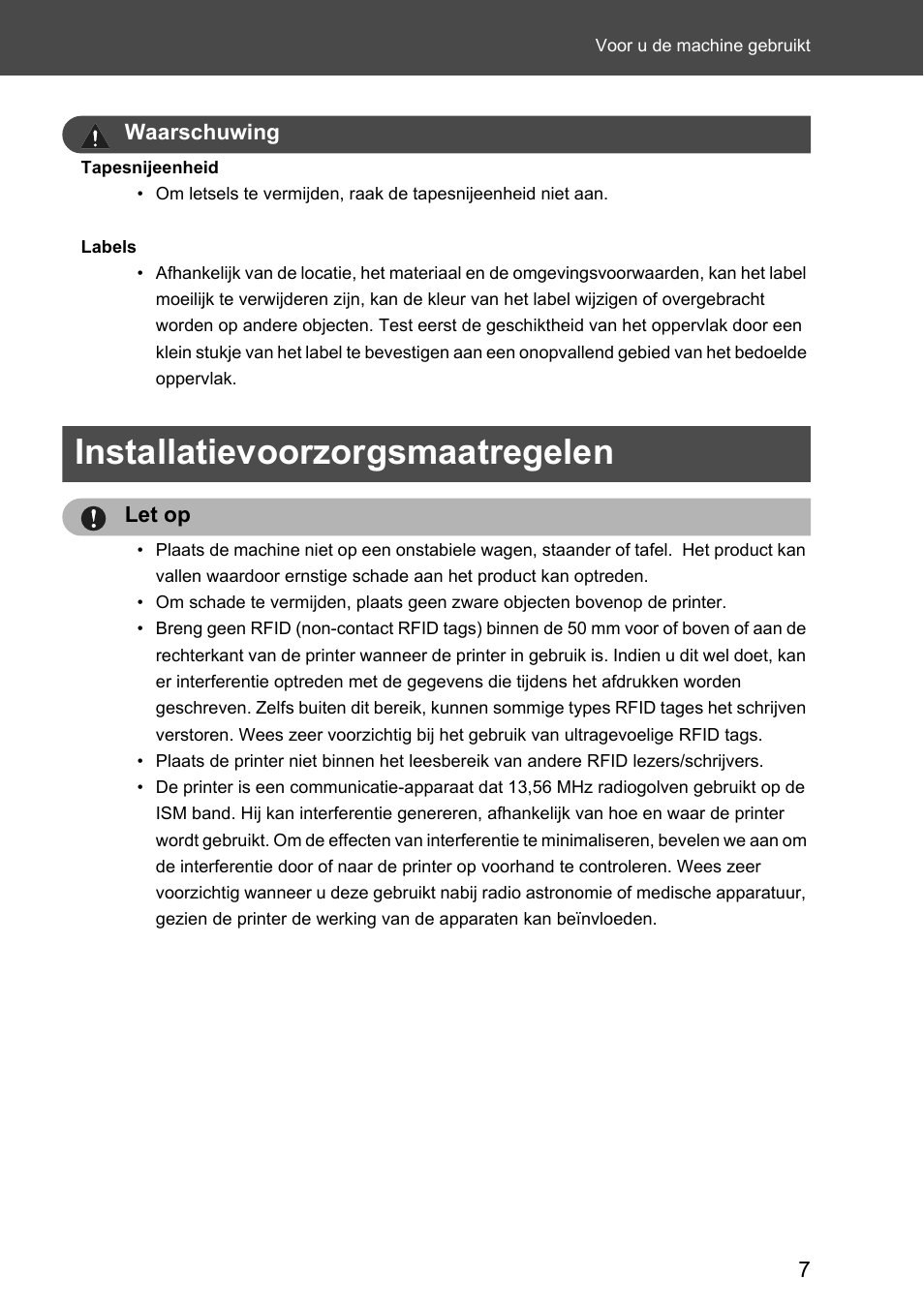 Installatievoorzorgsmaatregelen | Brother P-touch RL-700S User Manual | Page 97 / 181