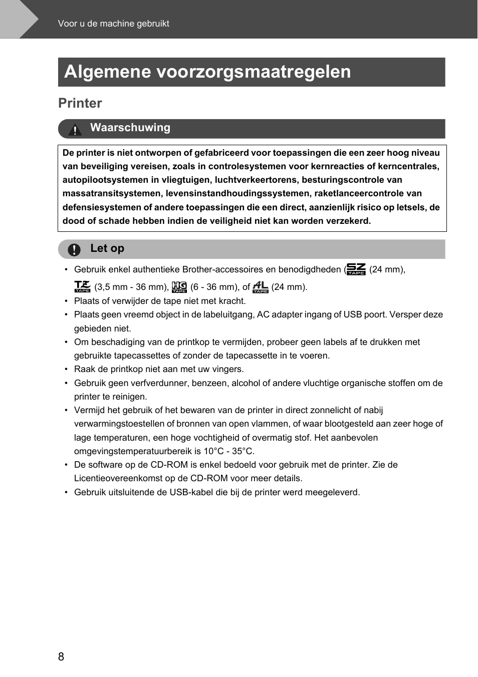 Algemene voorzorgsmaatregelen, Printer | Brother P-touch RL-700S User Manual | Page 98 / 181