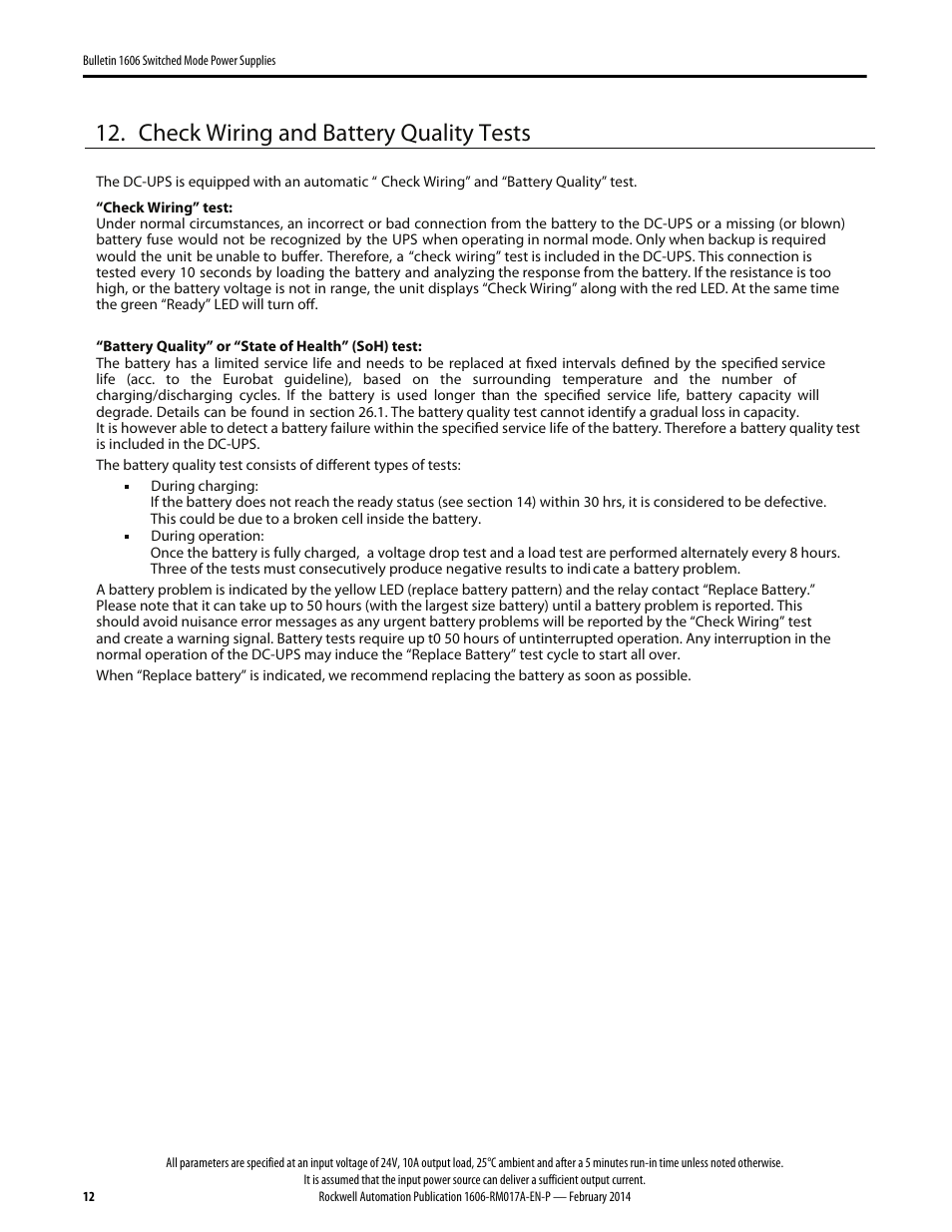 Check wiring and battery quality tests | Rockwell Automation 1606-XLS240UPSD Power Supply Reference Manual User Manual | Page 12 / 28