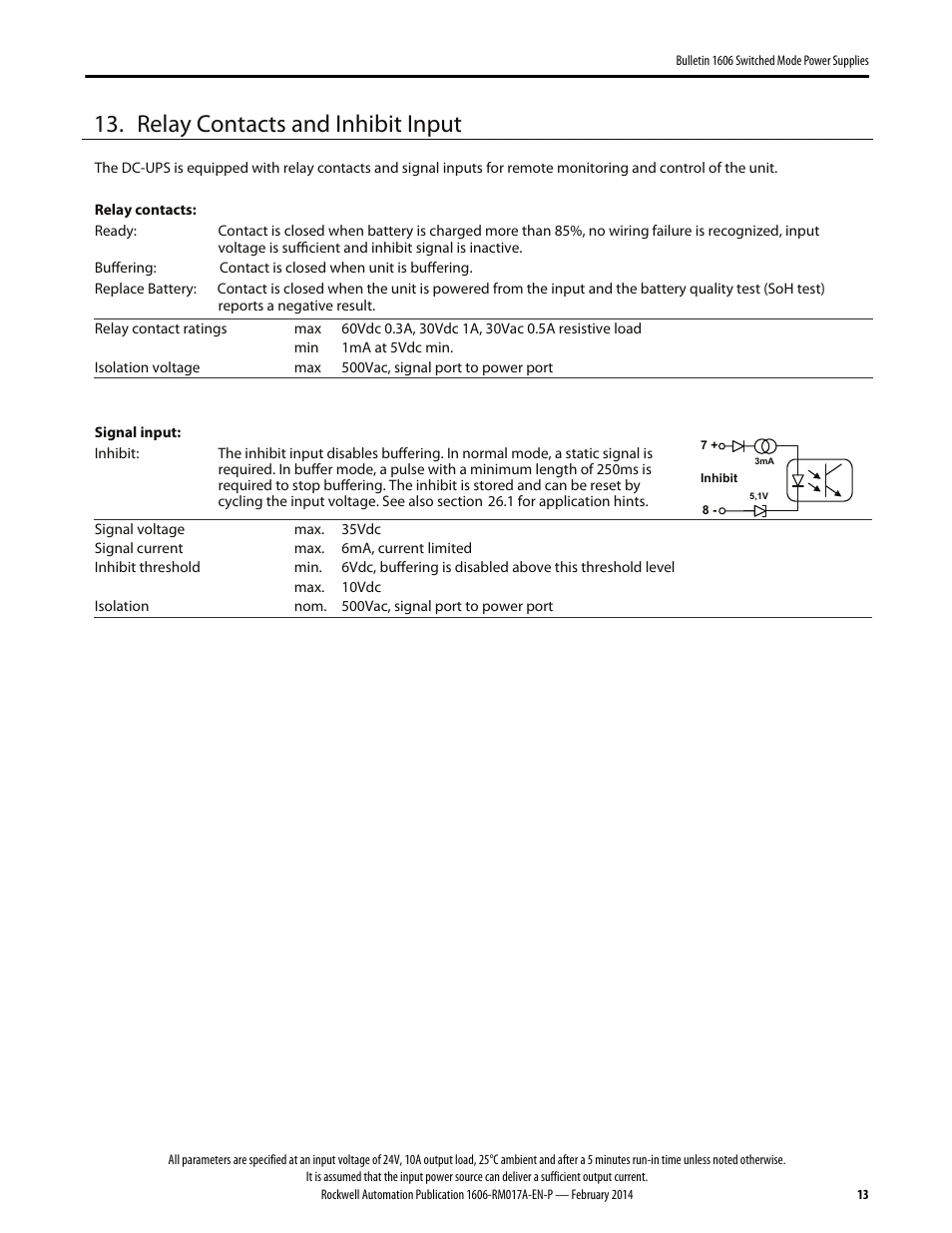Relay contacts and inhibit input | Rockwell Automation 1606-XLS240UPSD Power Supply Reference Manual User Manual | Page 13 / 28