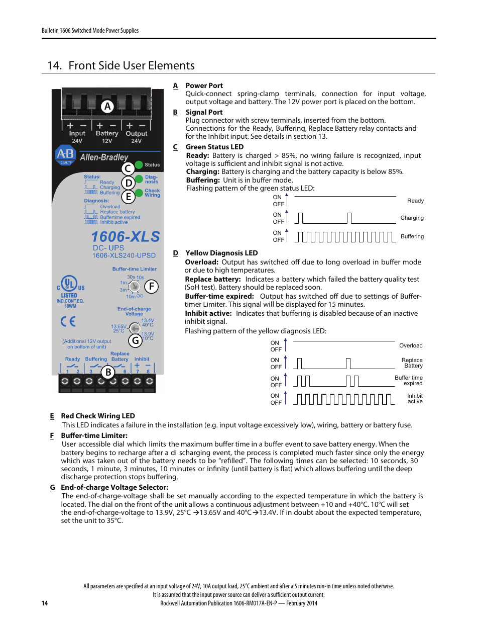 Front side user elements | Rockwell Automation 1606-XLS240UPSD Power Supply Reference Manual User Manual | Page 14 / 28