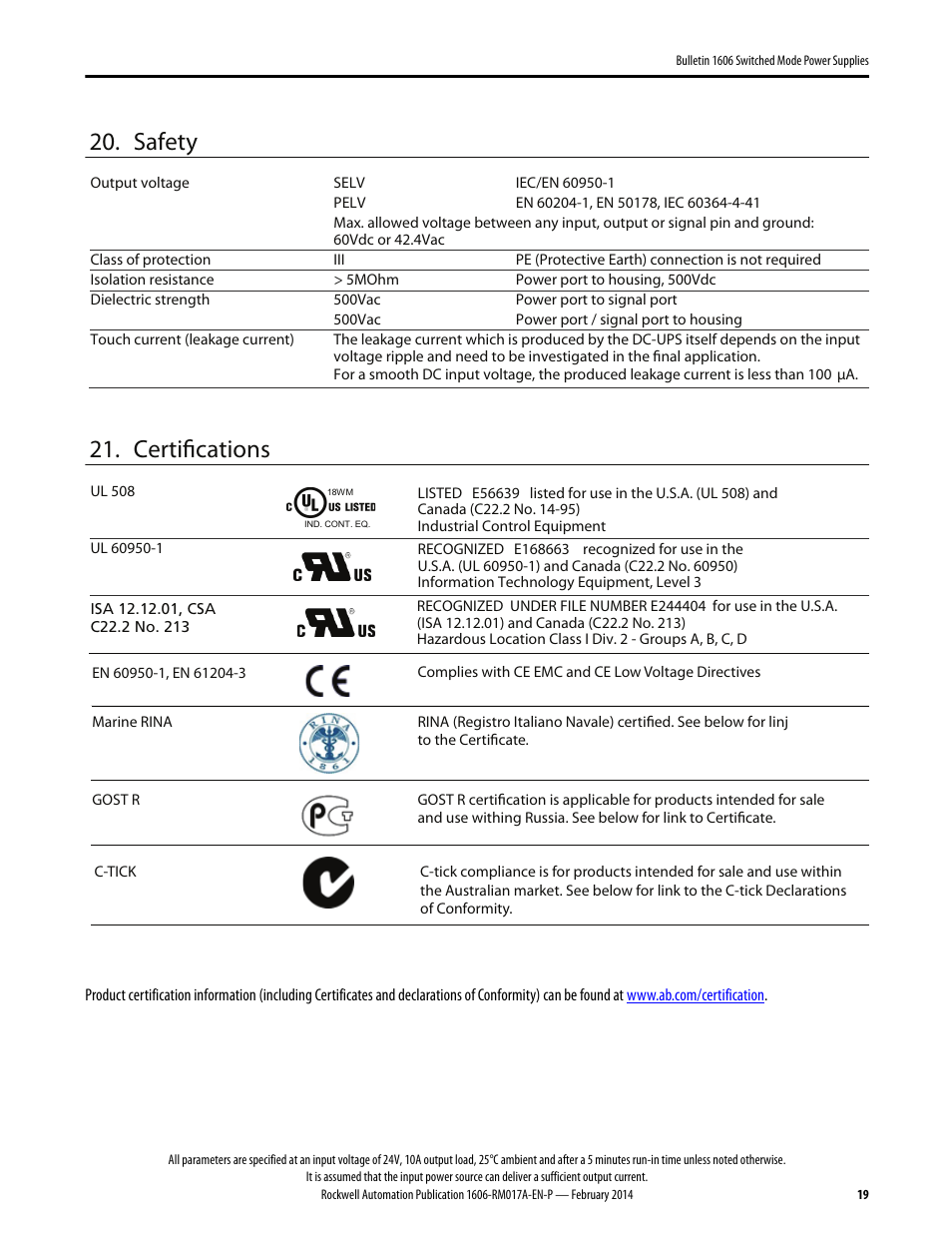 Safety, Certifications | Rockwell Automation 1606-XLS240UPSD Power Supply Reference Manual User Manual | Page 19 / 28