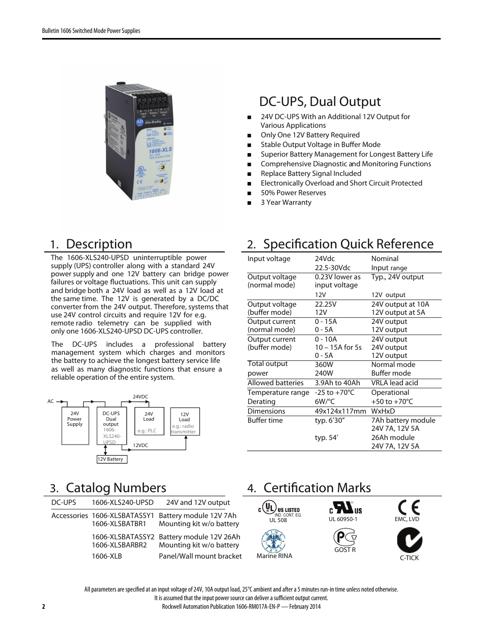 Dc-ups, dual output, Description, Specification quick reference | Catalog numbers, Certification marks | Rockwell Automation 1606-XLS240UPSD Power Supply Reference Manual User Manual | Page 2 / 28
