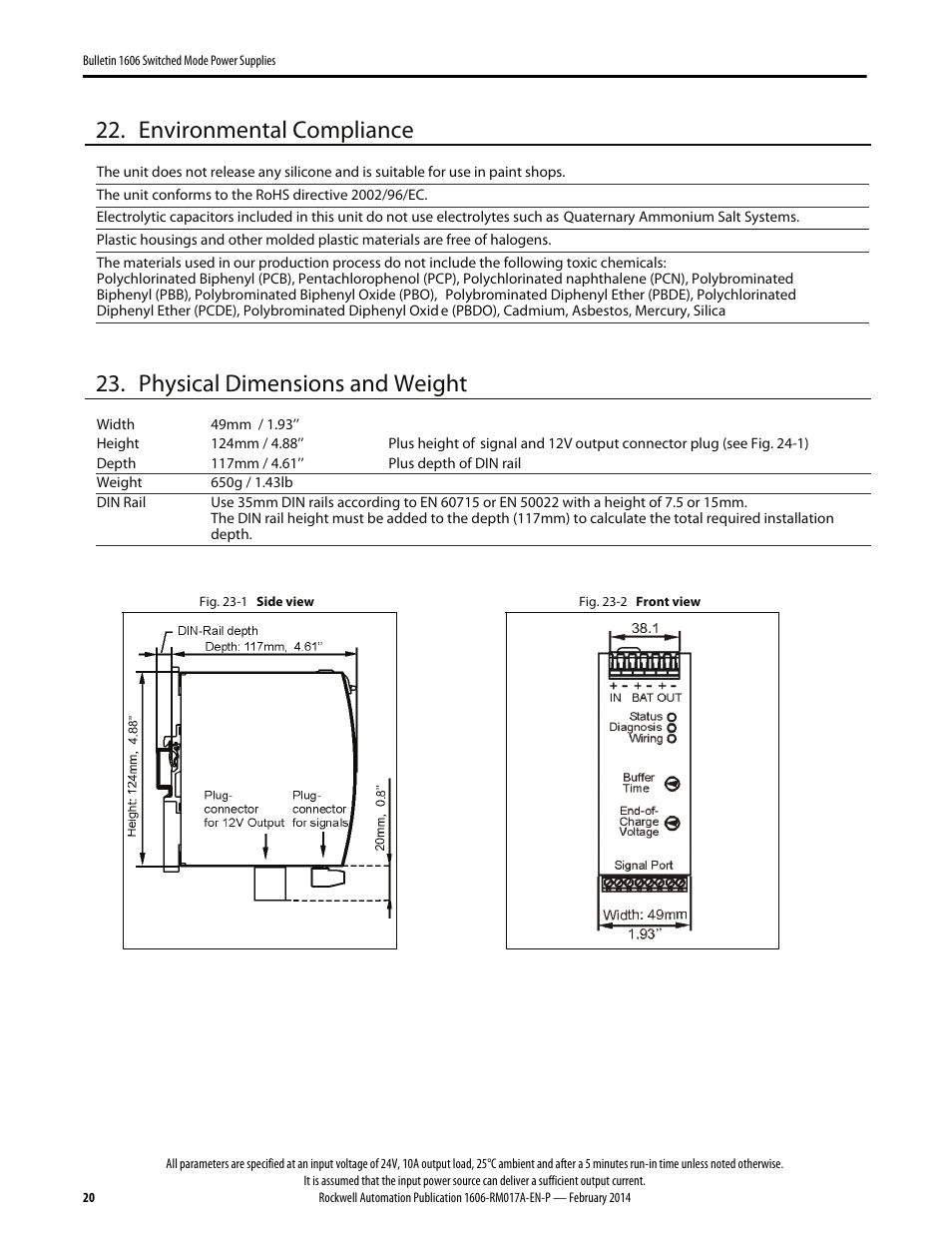 Environmental compliance, Physical dimensions and weight | Rockwell Automation 1606-XLS240UPSD Power Supply Reference Manual User Manual | Page 20 / 28