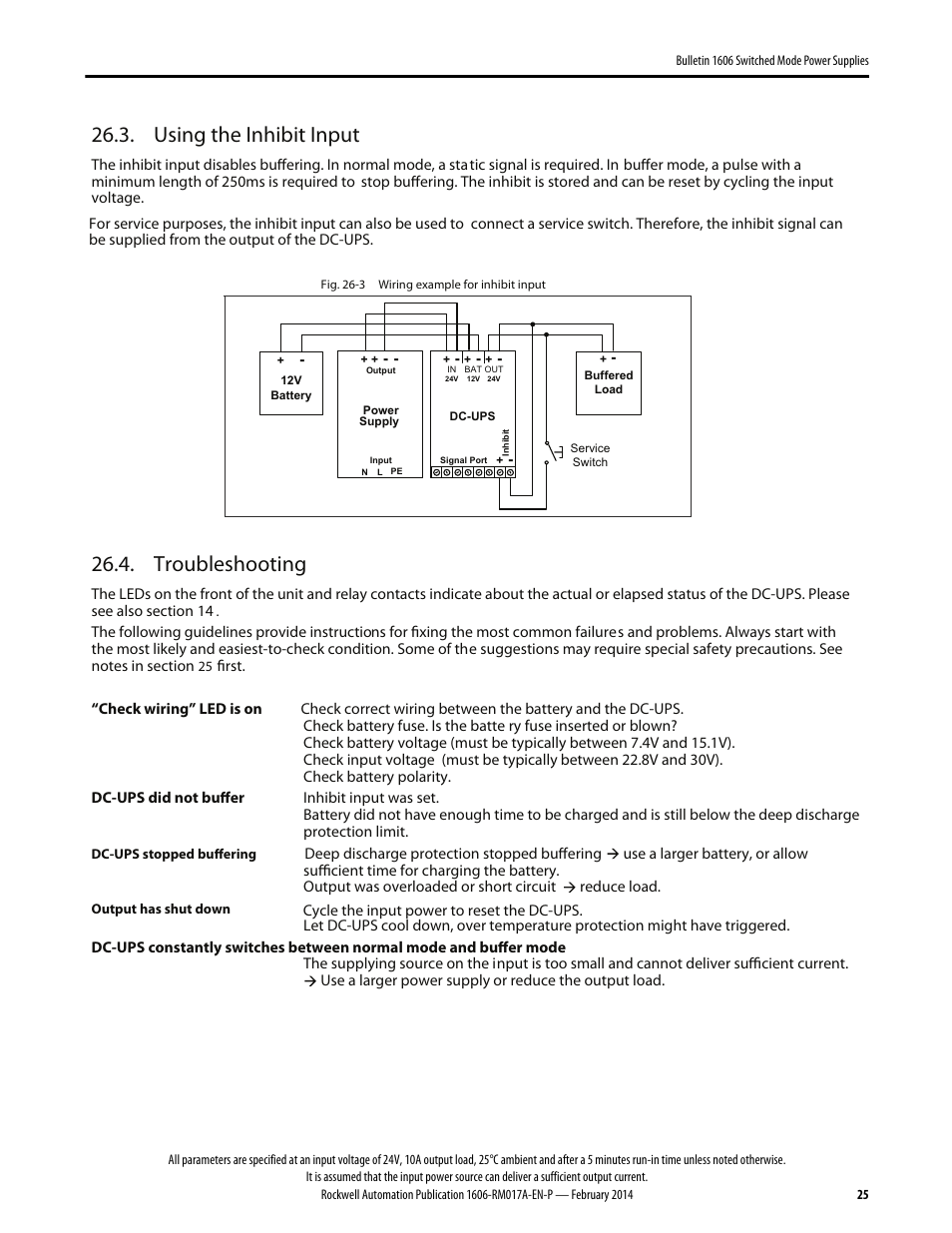 Using the inhibit input, Troubleshooting | Rockwell Automation 1606-XLS240UPSD Power Supply Reference Manual User Manual | Page 25 / 28