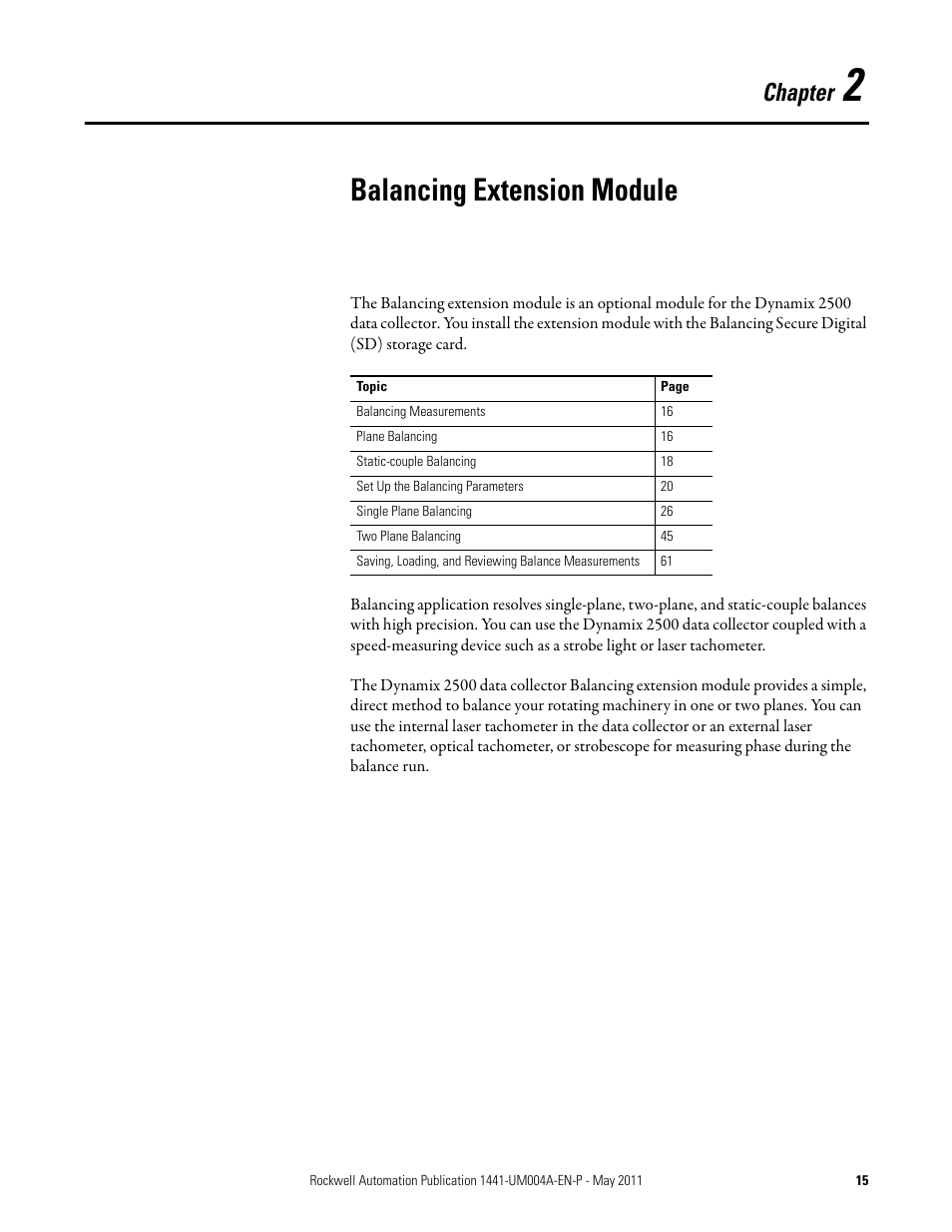 Balancing extension module, Chapter | Rockwell Automation 1441-DYN25-MBAL Balancing Extension Module for the Dynamix 2500 User Manual | Page 15 / 68