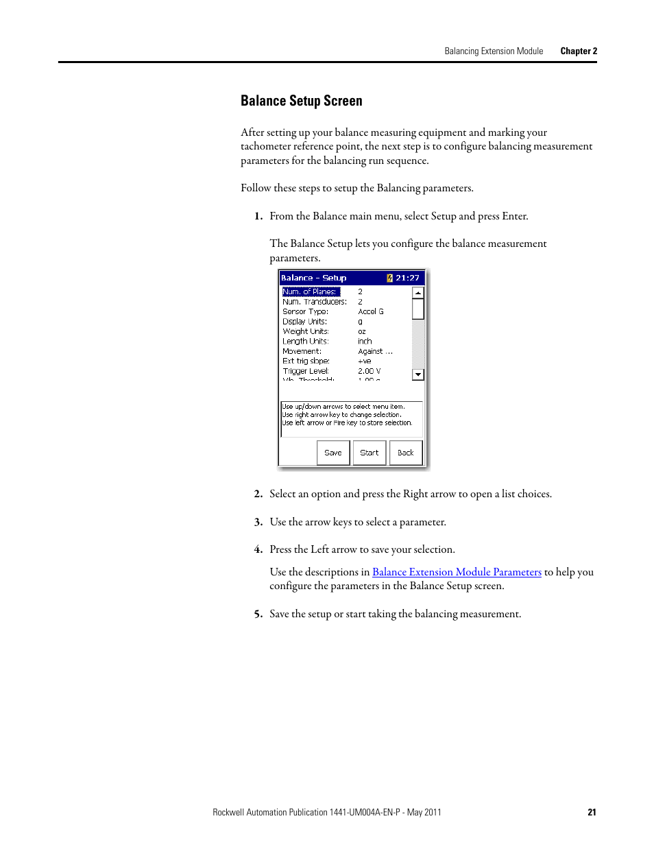 Balance setup screen | Rockwell Automation 1441-DYN25-MBAL Balancing Extension Module for the Dynamix 2500 User Manual | Page 21 / 68