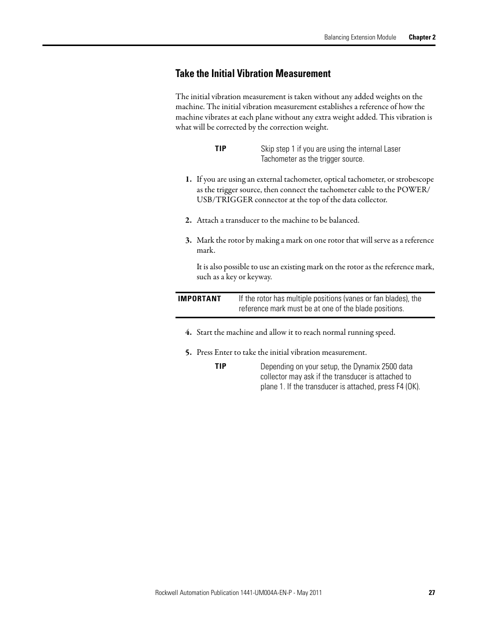 Take the initial vibration measurement | Rockwell Automation 1441-DYN25-MBAL Balancing Extension Module for the Dynamix 2500 User Manual | Page 27 / 68