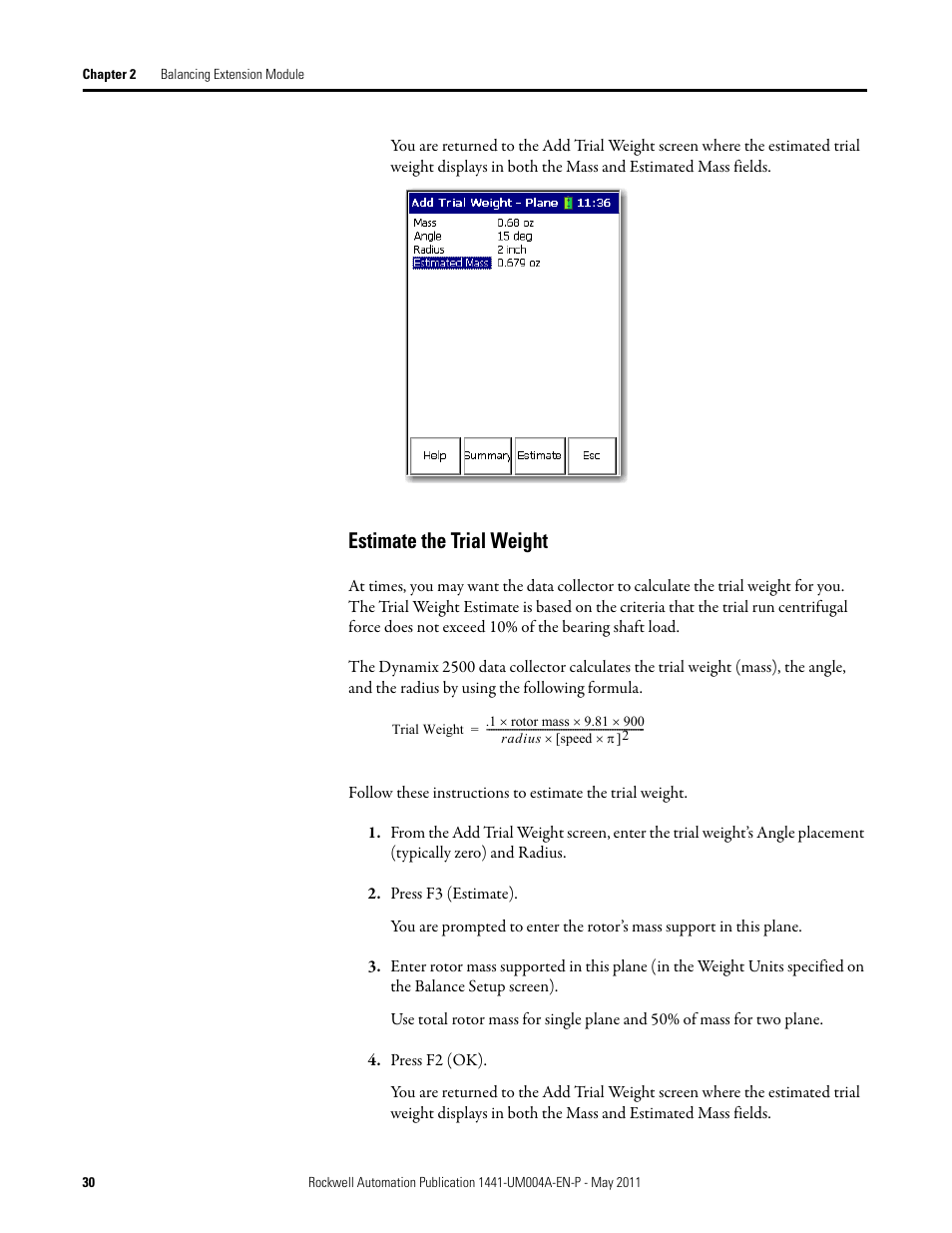 Estimate the trial weight | Rockwell Automation 1441-DYN25-MBAL Balancing Extension Module for the Dynamix 2500 User Manual | Page 30 / 68