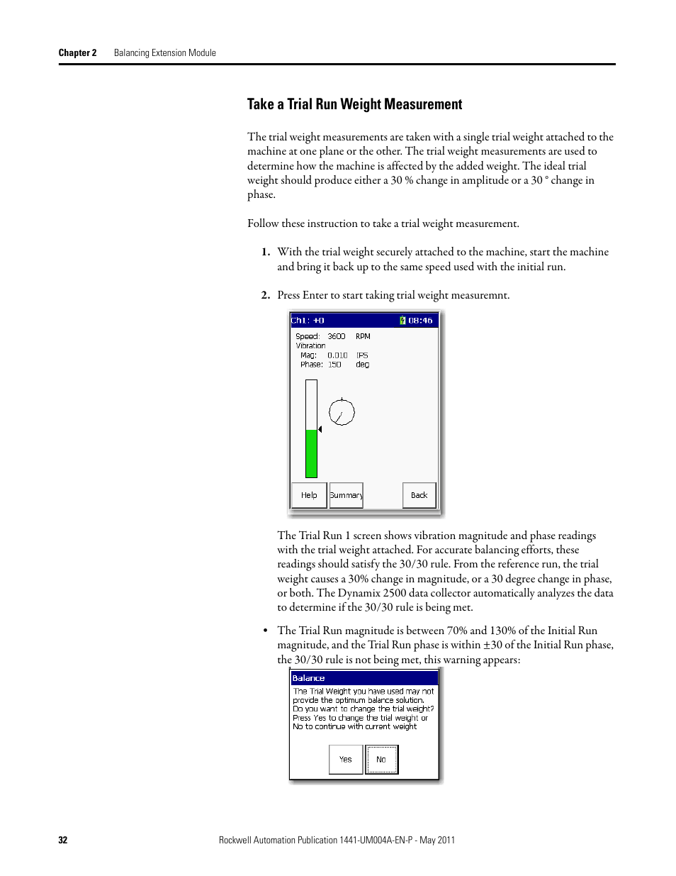 Take a trial run weight measurement | Rockwell Automation 1441-DYN25-MBAL Balancing Extension Module for the Dynamix 2500 User Manual | Page 32 / 68