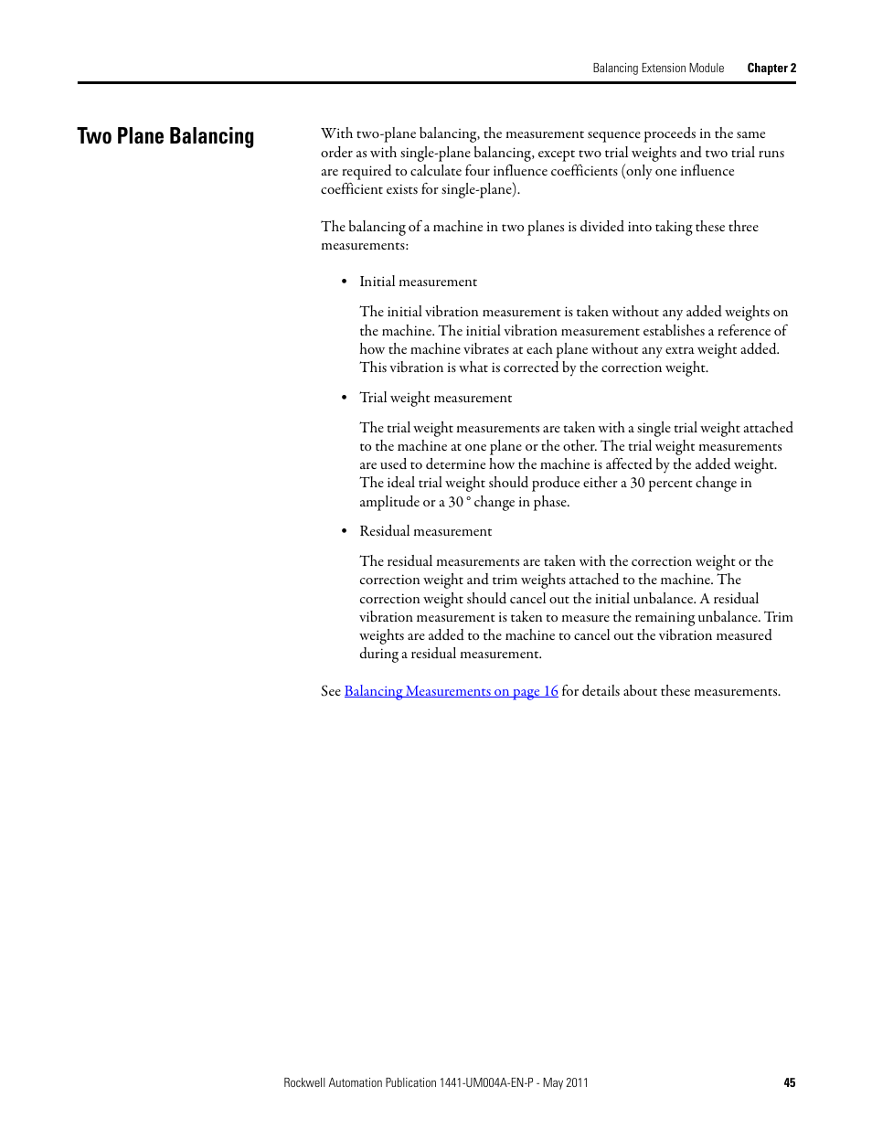 Two plane balancing | Rockwell Automation 1441-DYN25-MBAL Balancing Extension Module for the Dynamix 2500 User Manual | Page 45 / 68