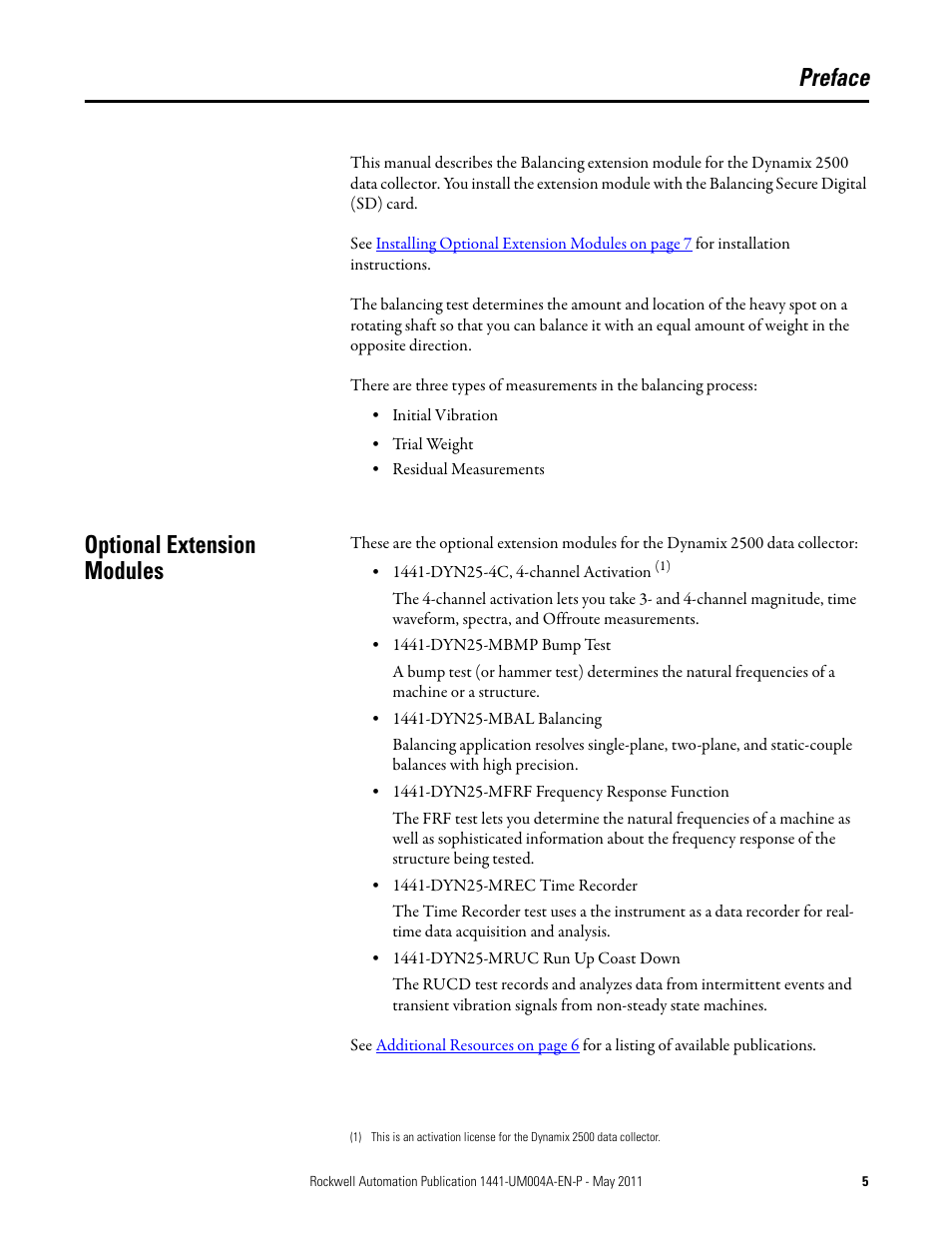 Preface, Optional extension modules | Rockwell Automation 1441-DYN25-MBAL Balancing Extension Module for the Dynamix 2500 User Manual | Page 5 / 68