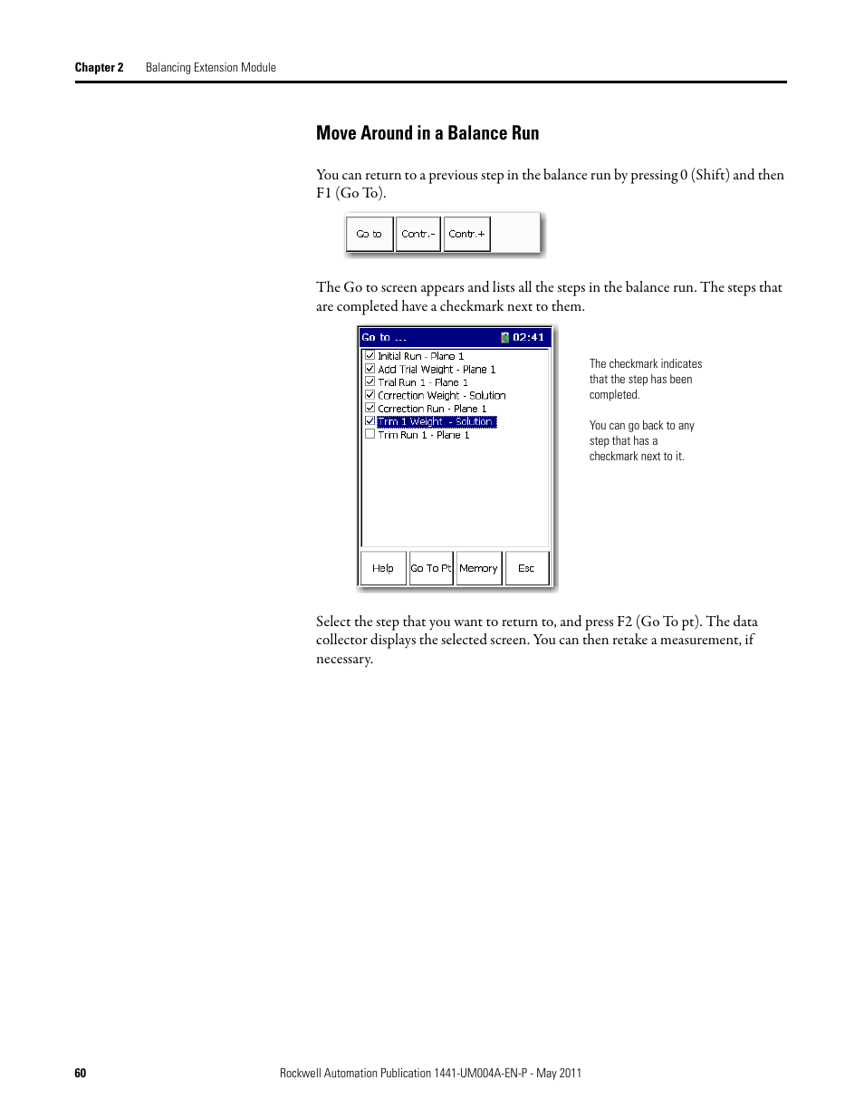 Move around in a balance run | Rockwell Automation 1441-DYN25-MBAL Balancing Extension Module for the Dynamix 2500 User Manual | Page 60 / 68