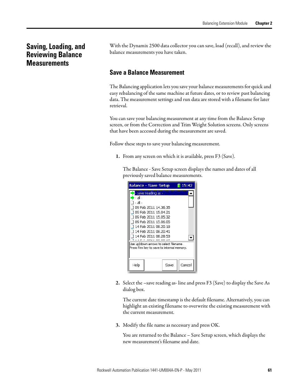 Save a balance measurement | Rockwell Automation 1441-DYN25-MBAL Balancing Extension Module for the Dynamix 2500 User Manual | Page 61 / 68