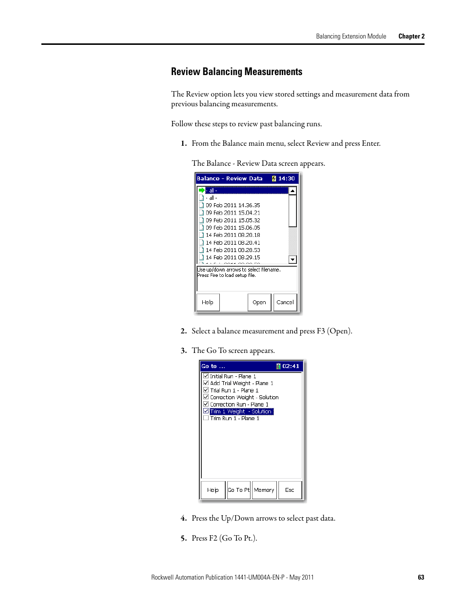 Review balancing measurements | Rockwell Automation 1441-DYN25-MBAL Balancing Extension Module for the Dynamix 2500 User Manual | Page 63 / 68