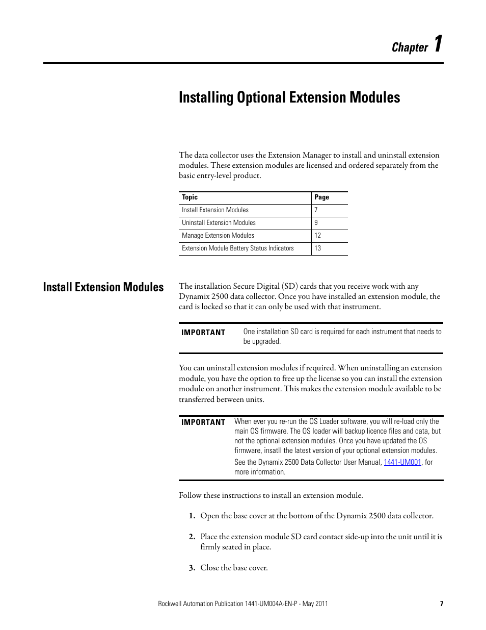 Installing optional extension modules, Chapter, Install extension modules | Rockwell Automation 1441-DYN25-MBAL Balancing Extension Module for the Dynamix 2500 User Manual | Page 7 / 68