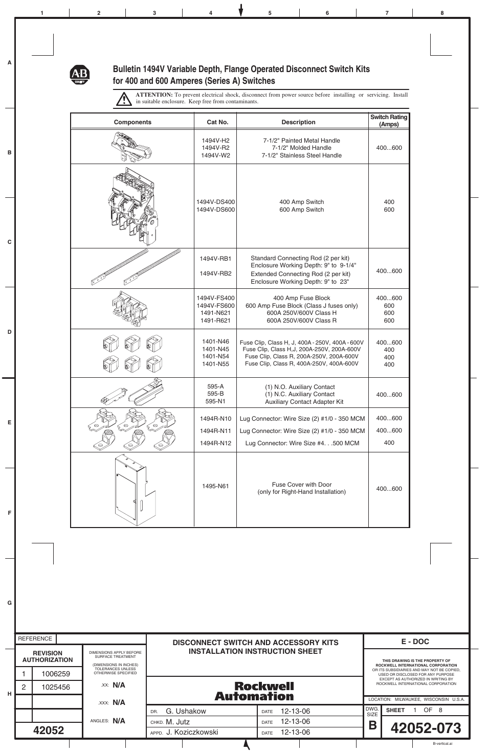 Rockwell Automation 1494V-DS400_DS600 Disconnect Switch (400/600A - Series A) User Manual | 8 pages