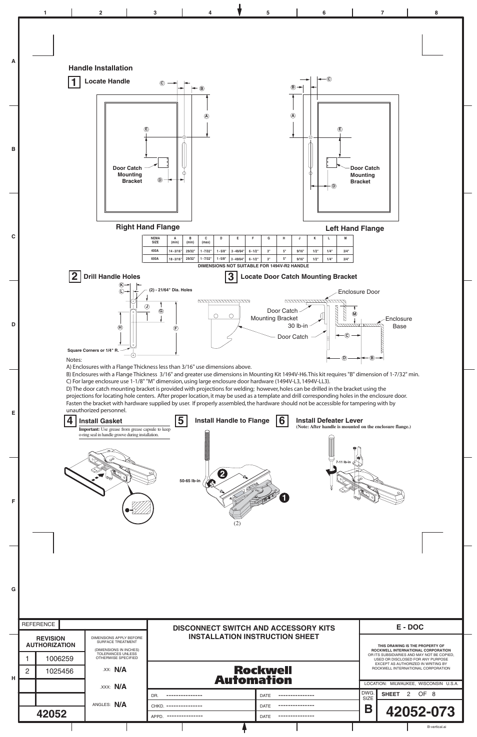 Handle installation, Right hand flange left hand flange, E - doc | Rockwell Automation 1494V-DS400_DS600 Disconnect Switch (400/600A - Series A) User Manual | Page 2 / 8