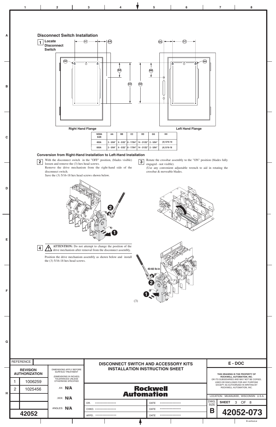 E - doc, Disconnect switch installation 1 | Rockwell Automation 1494V-DS400_DS600 Disconnect Switch (400/600A - Series A) User Manual | Page 3 / 8