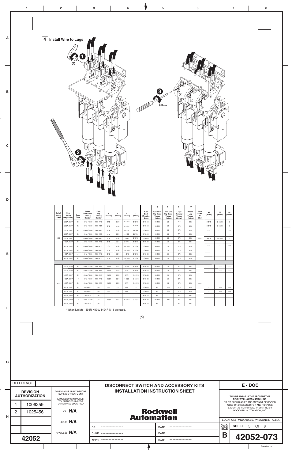 E - doc, Install wire to lugs, Revision authorization | Sheet | Rockwell Automation 1494V-DS400_DS600 Disconnect Switch (400/600A - Series A) User Manual | Page 5 / 8