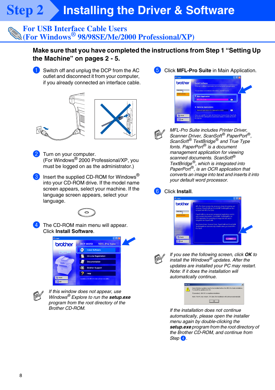 For usb interface cable users (for windows, 98/98se/me/2000 professional/xp), Step 2 | Installing the driver & software | Brother DCP-8020 User Manual | Page 11 / 54