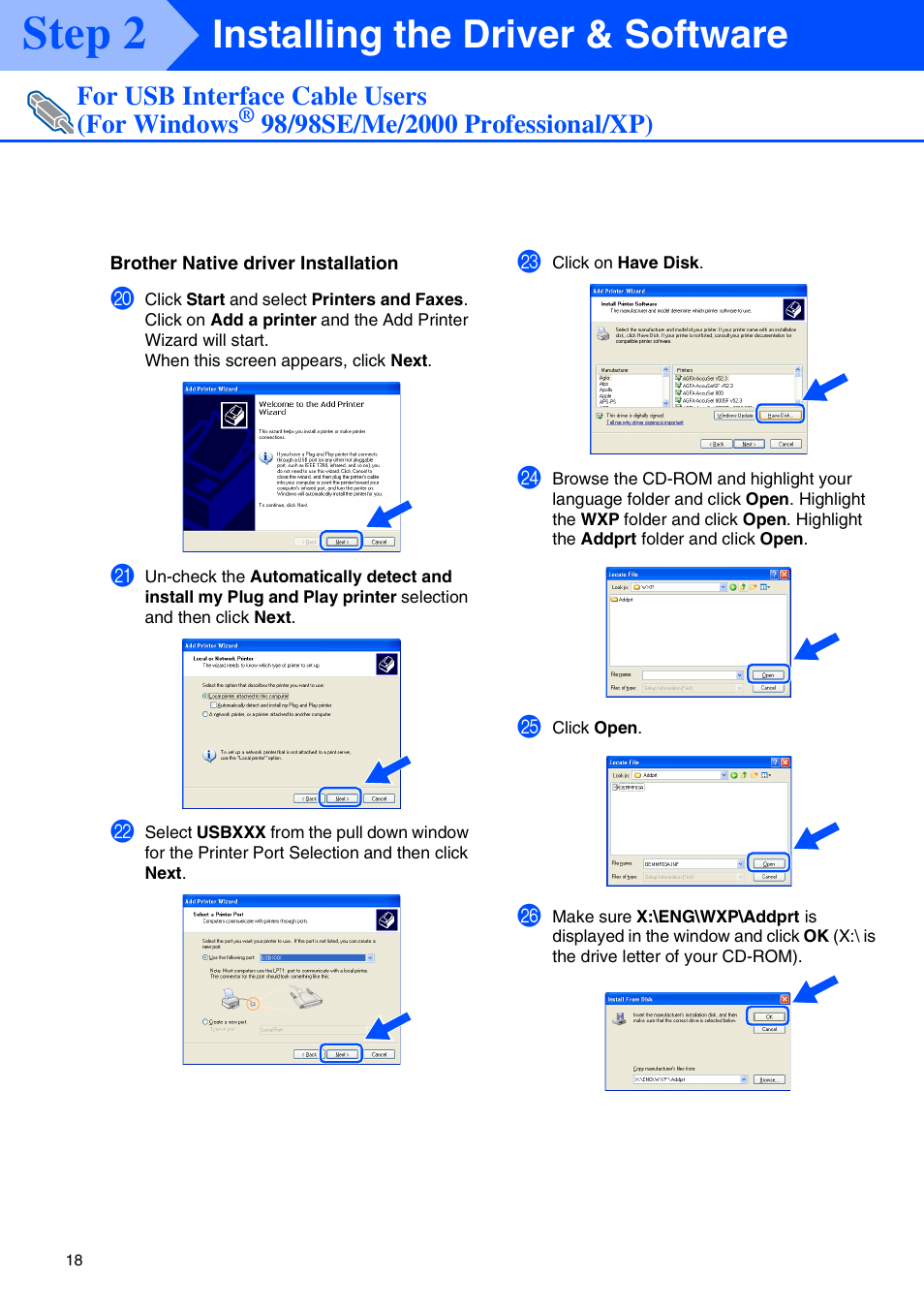 Step 2, Installing the driver & software, For usb interface cable users (for windows | Brother DCP-8020 User Manual | Page 21 / 54