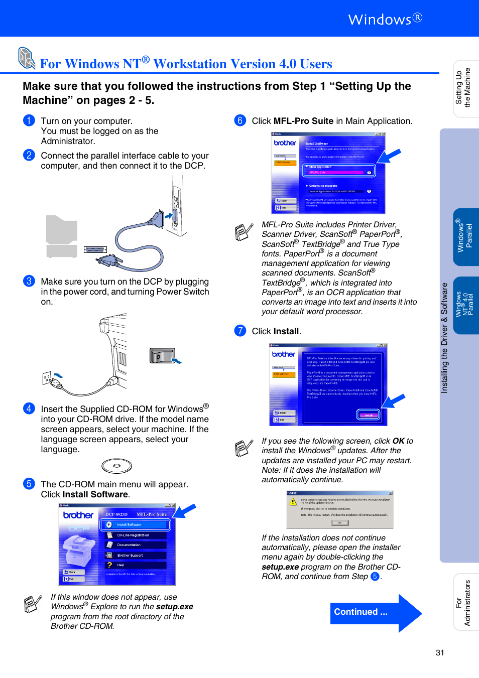 For windows nt® workstation version 4.0 users, For windows nt, Workstation version 4.0 users | Windows nt, For parallel interface cable users) | Brother DCP-8020 User Manual | Page 34 / 54