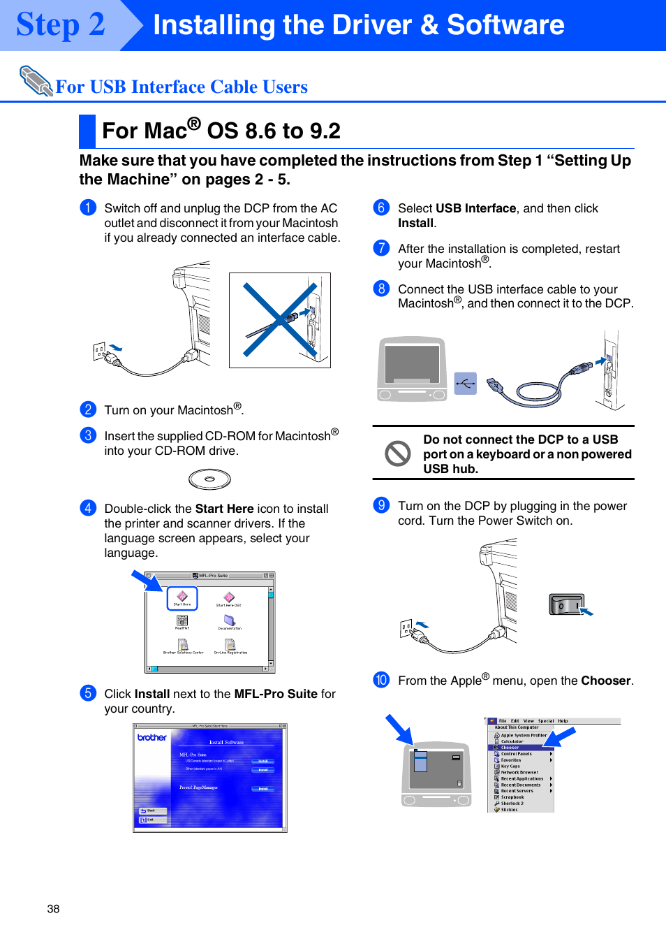 For usb interface cable users, For mac® os 8.6 to 9.2, For mac | Os 8.6 to 9.2, Step 2, Installing the driver & software | Brother DCP-8020 User Manual | Page 41 / 54