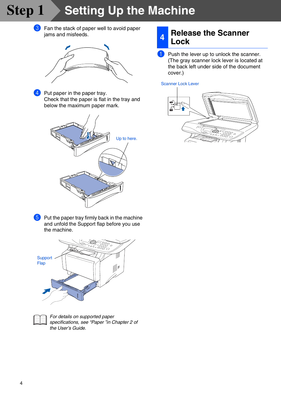 4 release the scanner lock, Release the scanner lock, Step 1 | Setting up the machine, 4release the scanner lock | Brother DCP-8020 User Manual | Page 7 / 54