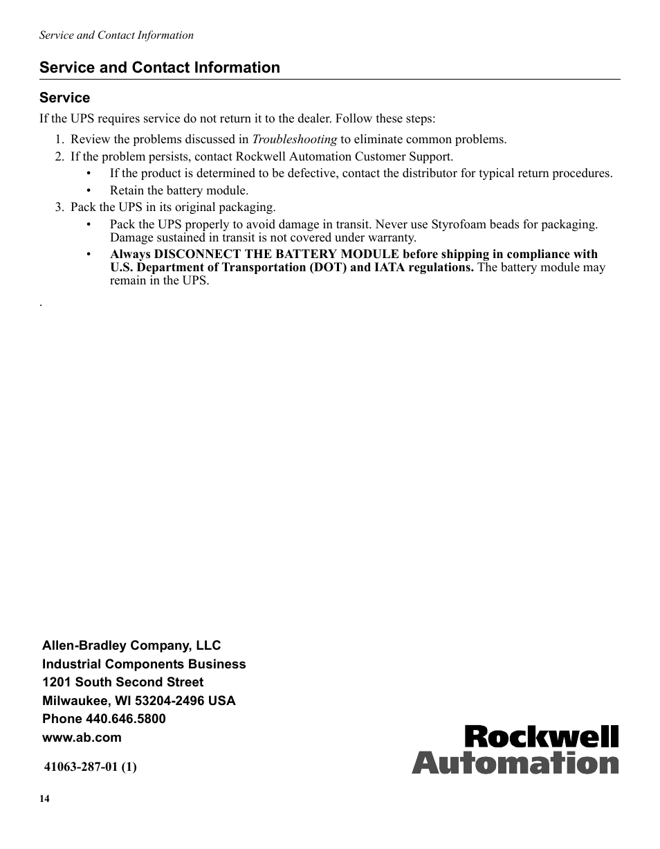 Service and contact information | Rockwell Automation 1609-S350NS_ES Uninterruptible Power Supply - 350VA User Manual | Page 13 / 13