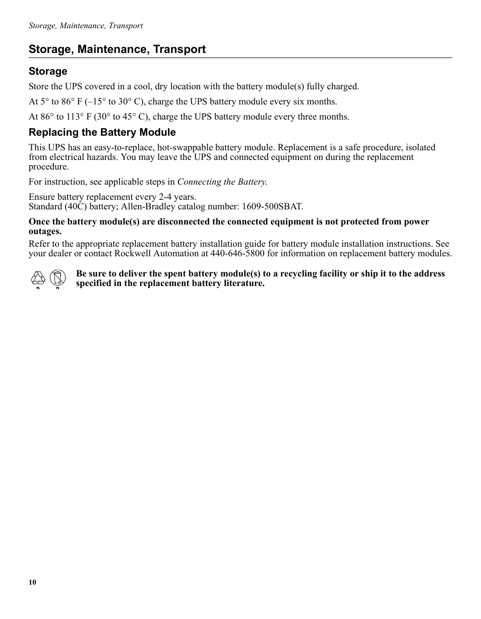 Storage, maintenance, transport | Rockwell Automation 1609-S350NS_ES Uninterruptible Power Supply - 350VA User Manual | Page 9 / 13