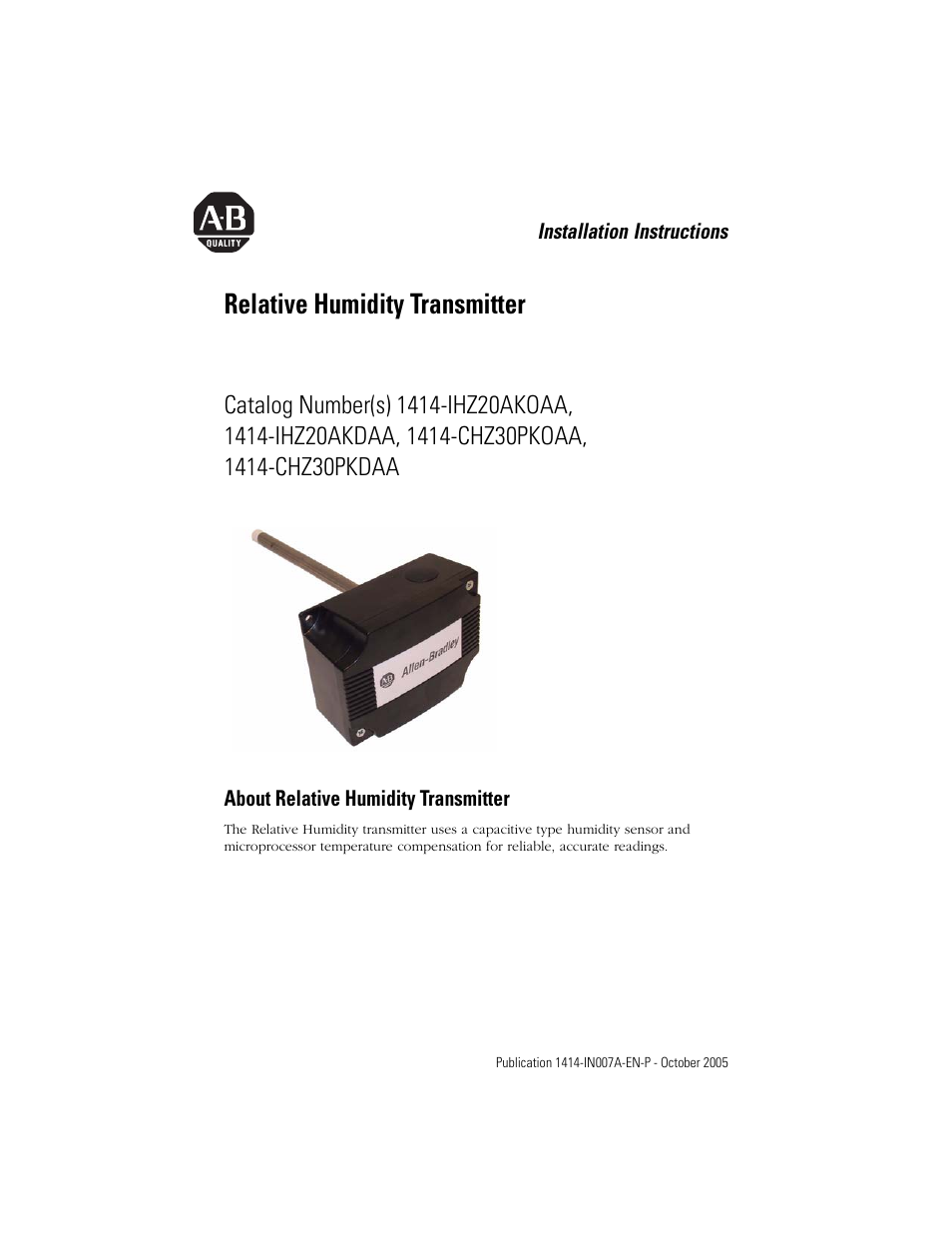 Rockwell Automation 1414-IHZxxxxx_CHZxxxxx Relative Humidity Transmitter User Manual | 4 pages