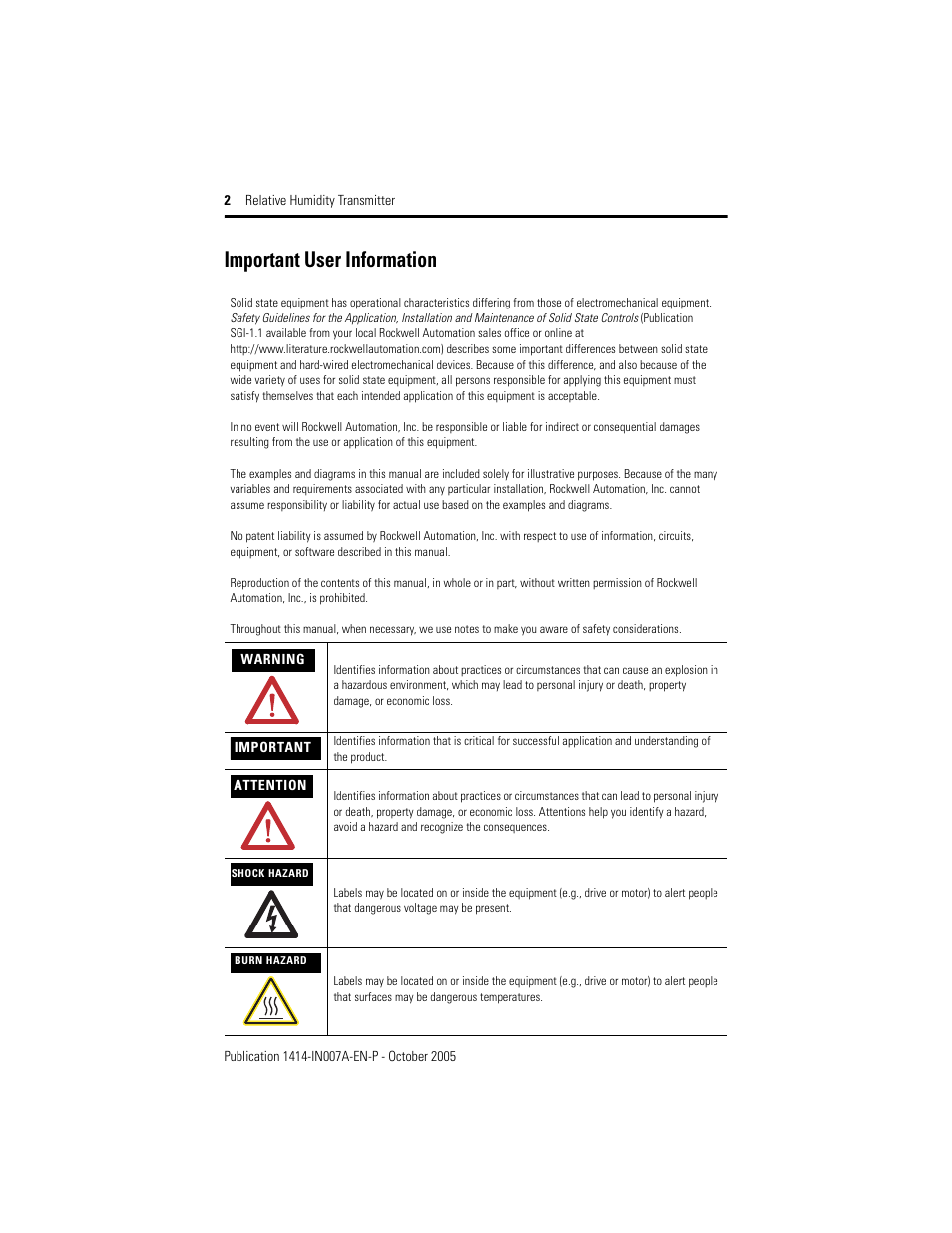 Important user information | Rockwell Automation 1414-IHZxxxxx_CHZxxxxx Relative Humidity Transmitter User Manual | Page 2 / 4