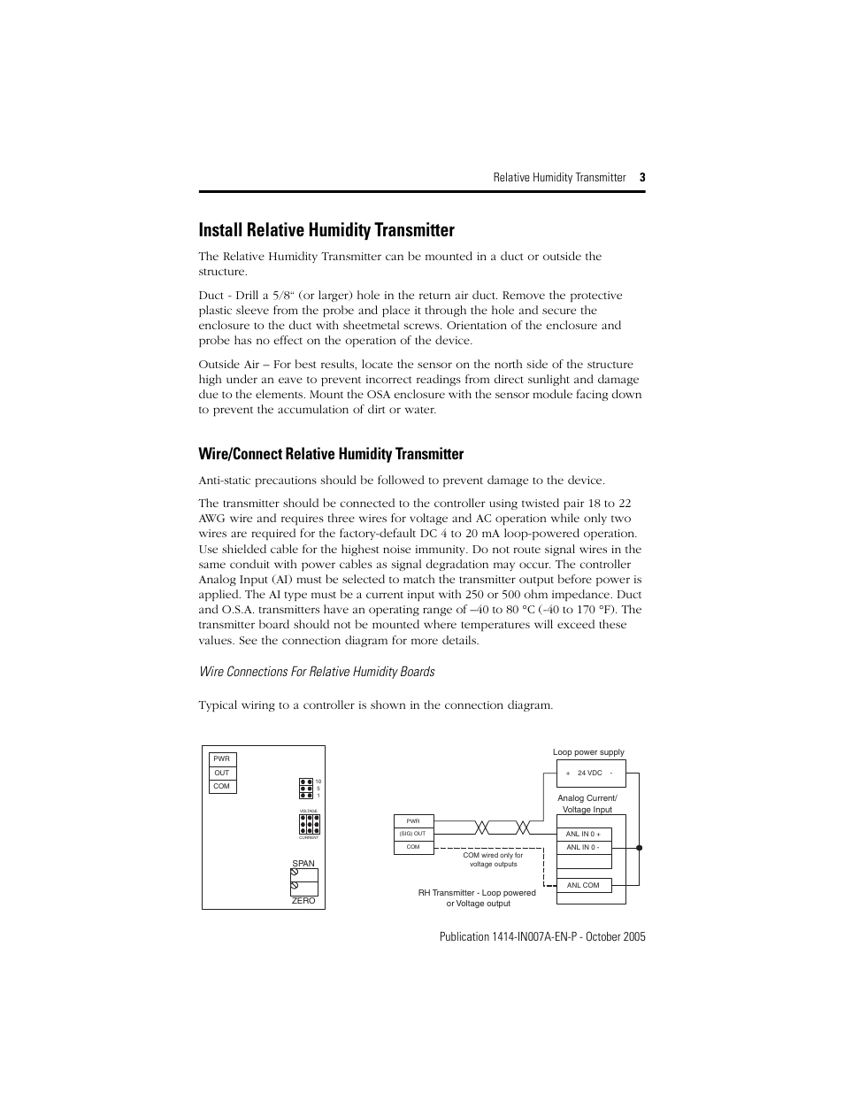 Install relative humidity transmitter, Wire/connect relative humidity transmitter, Wire connections for relative humidity boards | Rockwell Automation 1414-IHZxxxxx_CHZxxxxx Relative Humidity Transmitter User Manual | Page 3 / 4