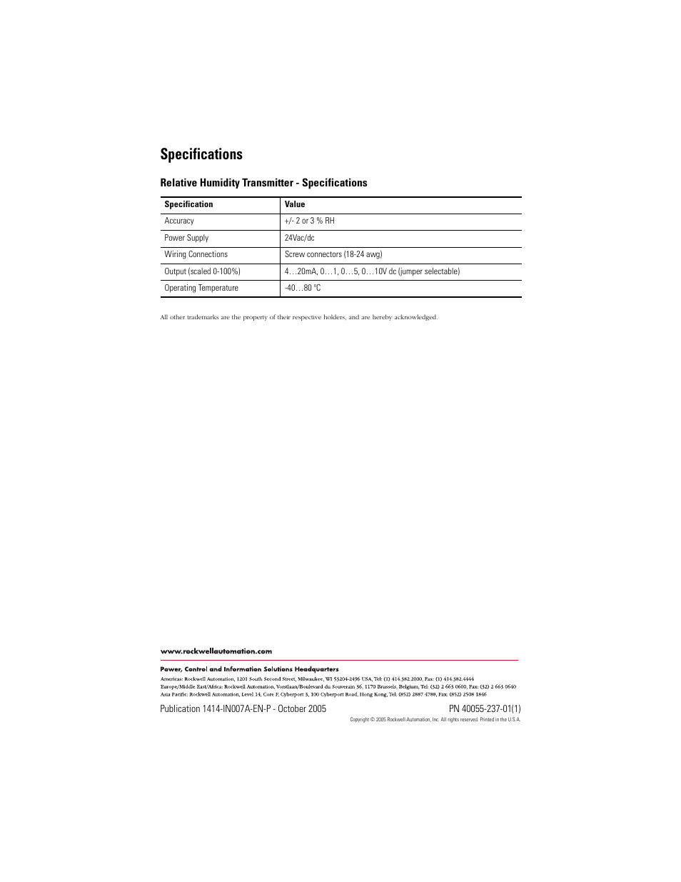 Specifications, Back cover | Rockwell Automation 1414-IHZxxxxx_CHZxxxxx Relative Humidity Transmitter User Manual | Page 4 / 4