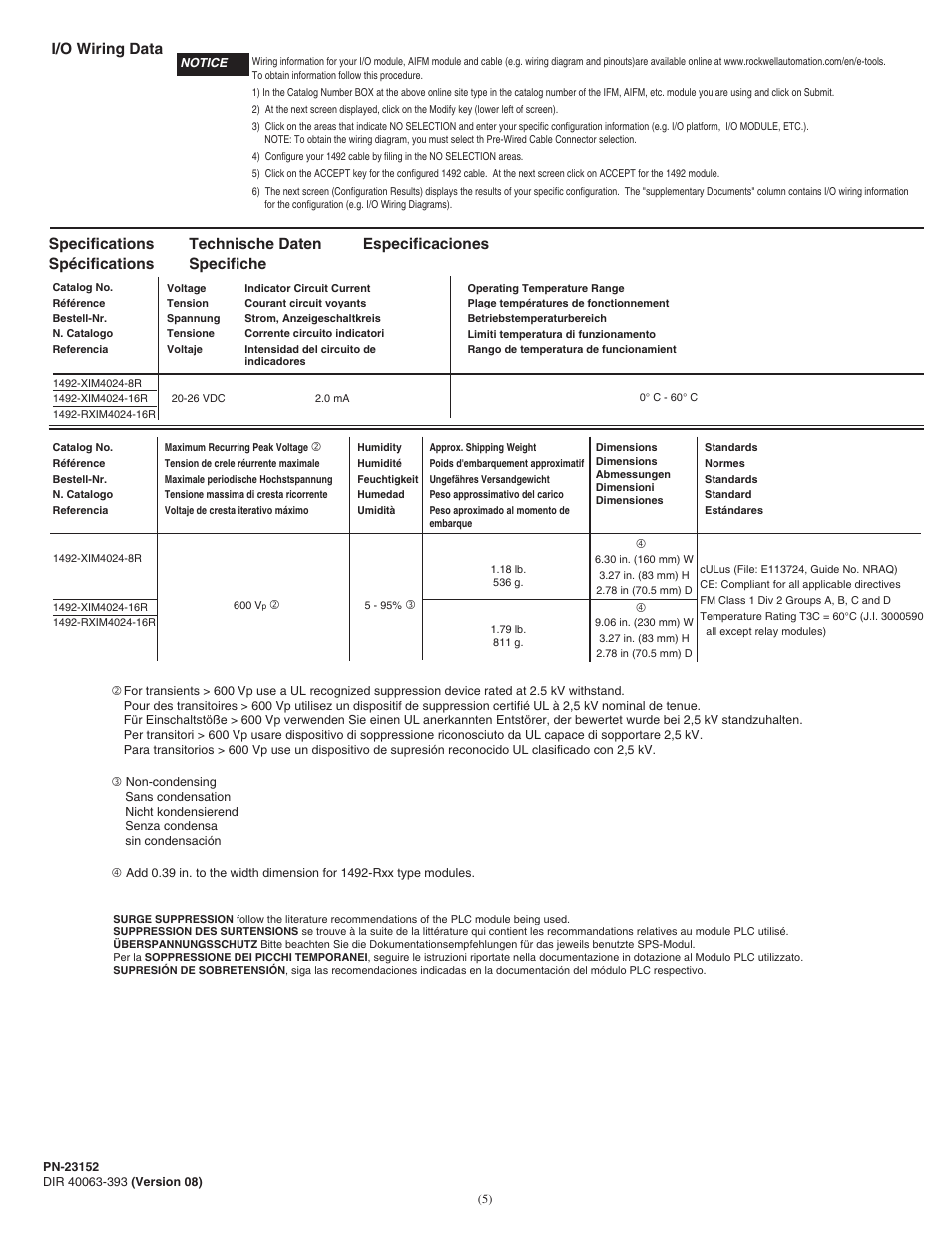 Specifications spécifications, Technische daten specifiche especificaciones, I/o wiring data | Rockwell Automation 1492-XIFMxxx_RXIFMxxx Relay Interface Modules User Manual | Page 5 / 6
