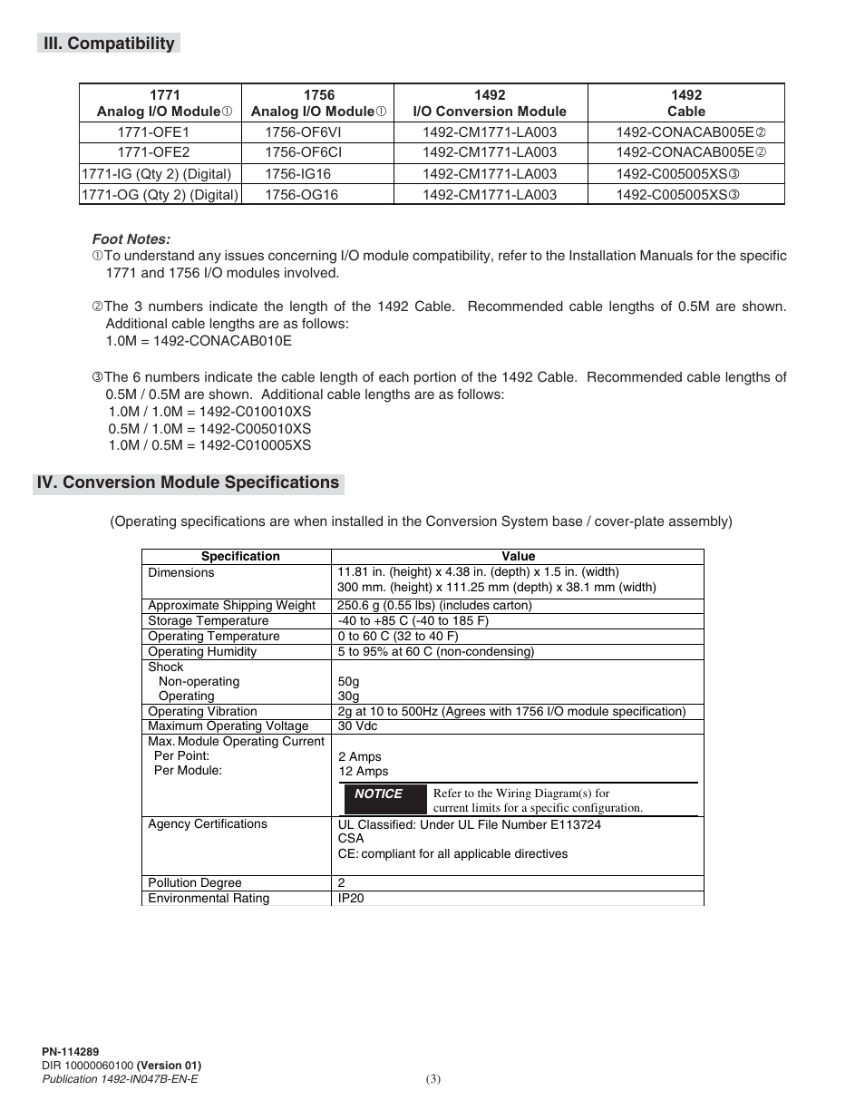 Iv. conversion module specifications, Iii. compatibility | Rockwell Automation 1492-CM1771-LA003 Analog & Digital I/O Conversion Module User Manual | Page 3 / 8