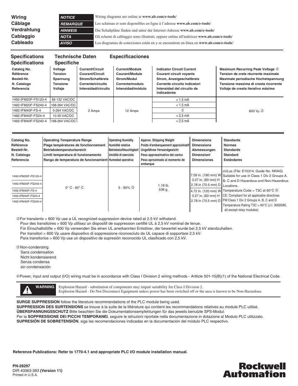 Specifications spécifications, Wiring câblage verdrahtung cablaggio cableado, Technische daten specifiche especificaciones | Rockwell Automation 1492-IFMxxxx 8 and 16 Point Isolated Fusible Interface Modules with Extra Terminals User Manual | Page 4 / 4