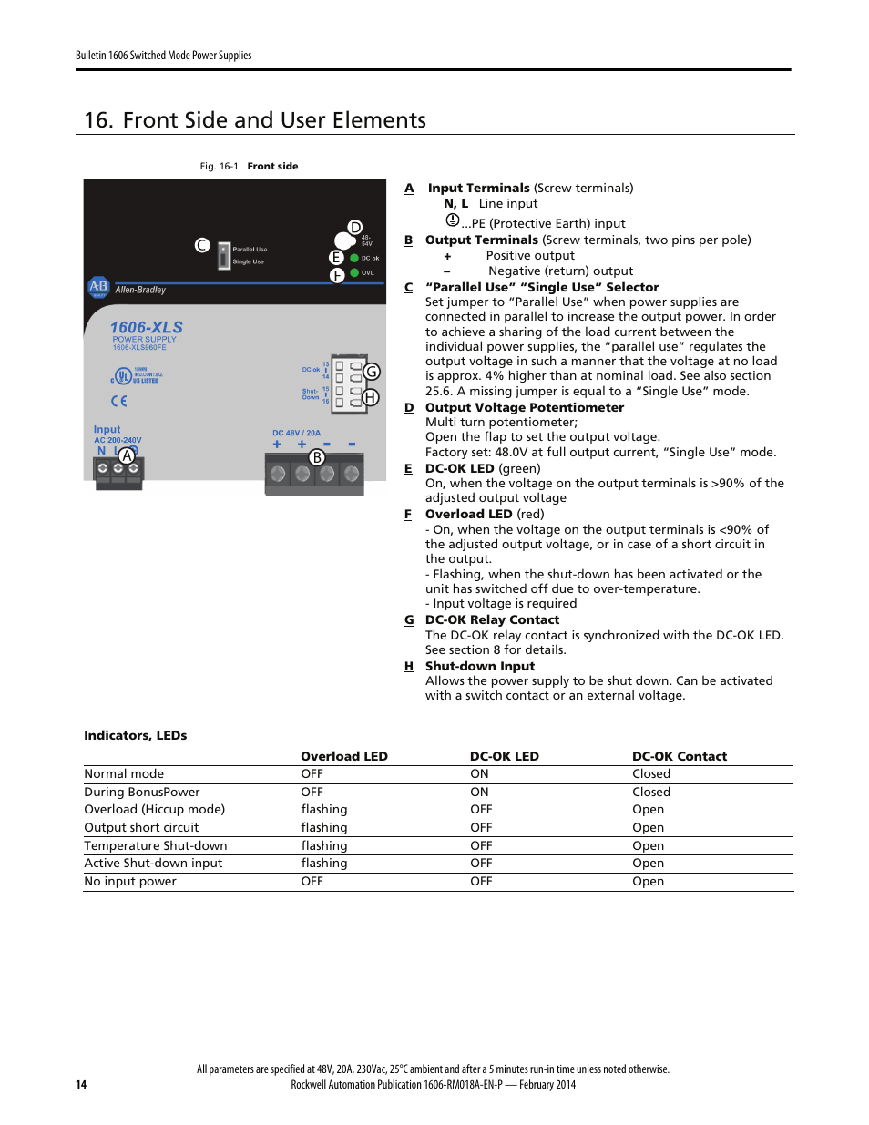 Front side and user elements | Rockwell Automation 1606-XLS960FE Power Supply Reference Manual User Manual | Page 14 / 28