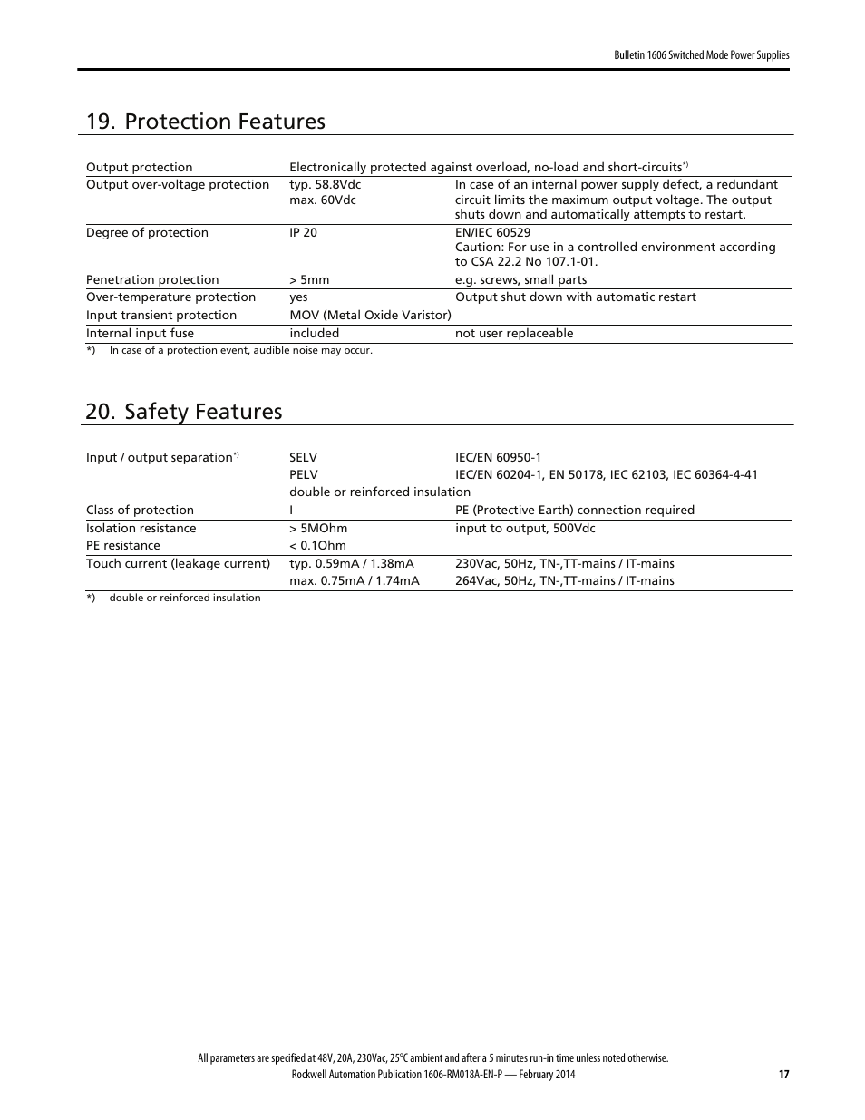 Protection features, Safety features | Rockwell Automation 1606-XLS960FE Power Supply Reference Manual User Manual | Page 17 / 28