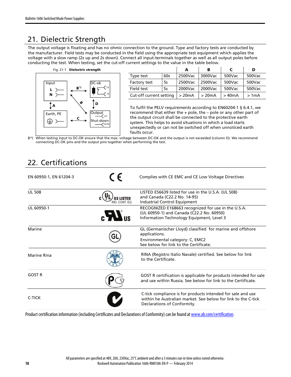 Dielectric strength, Certifications | Rockwell Automation 1606-XLS960FE Power Supply Reference Manual User Manual | Page 18 / 28