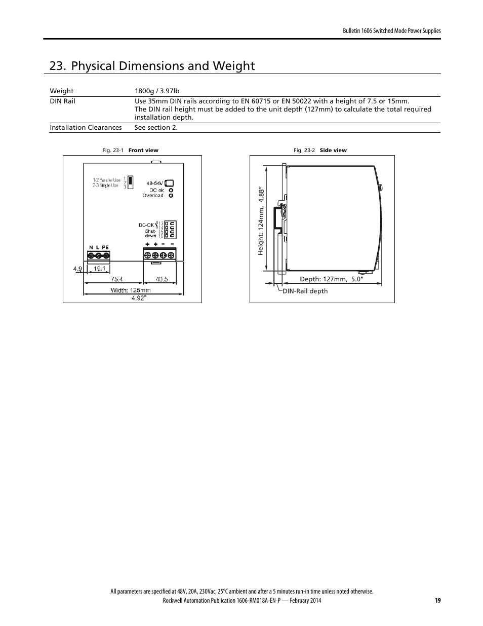 Physical dimensions and weight | Rockwell Automation 1606-XLS960FE Power Supply Reference Manual User Manual | Page 19 / 28