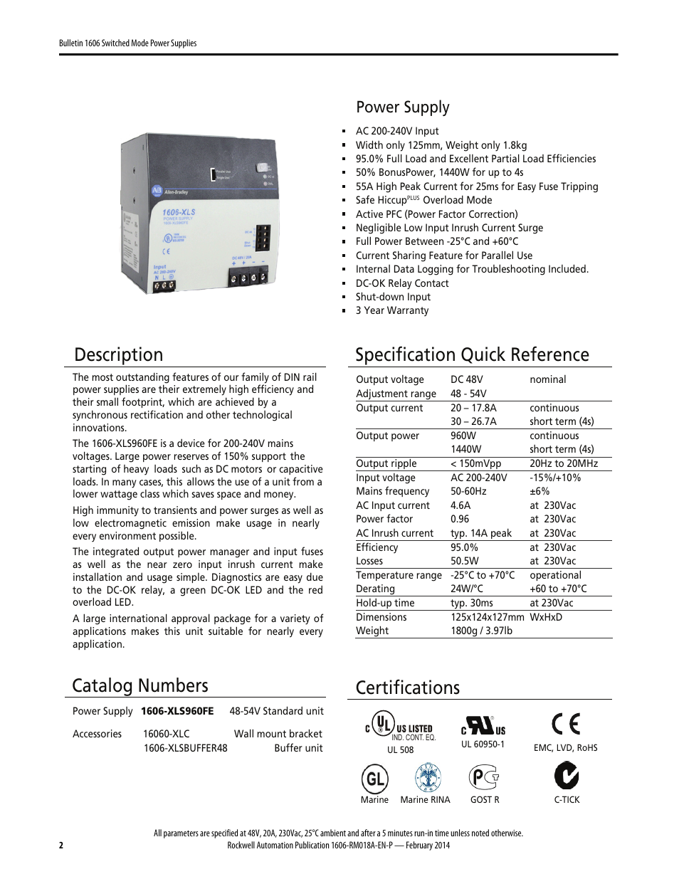 Description, Specification quick reference, Catalog numbers | Certifications, Power supply | Rockwell Automation 1606-XLS960FE Power Supply Reference Manual User Manual | Page 2 / 28