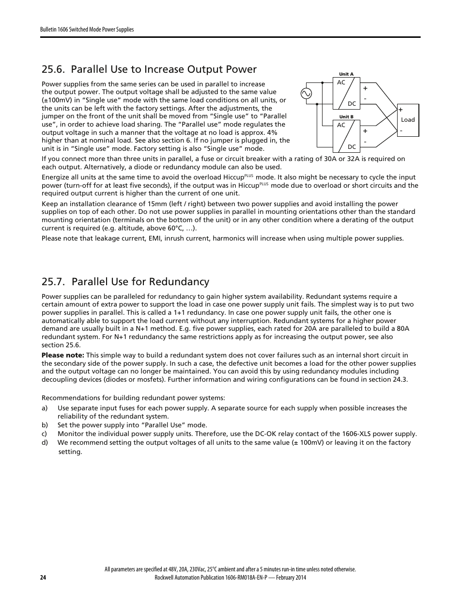 Parallel use to increase output power, Parallel use for redundancy | Rockwell Automation 1606-XLS960FE Power Supply Reference Manual User Manual | Page 24 / 28